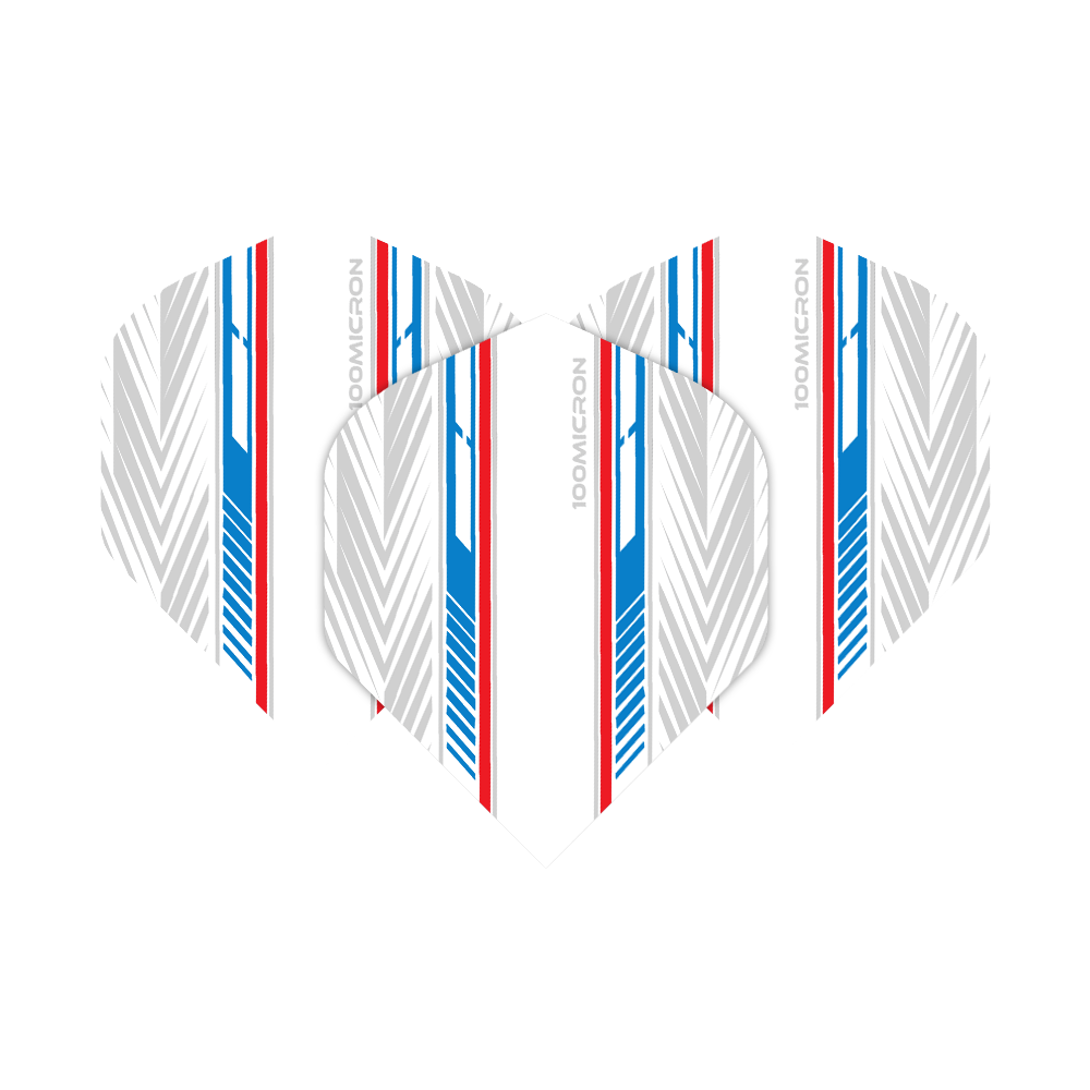 Vuelos de pentatlón blanco/azul/rojo Das Bild zeigt die Pentathlon White Blue Red No2 Standard Flights. Sie haben ein weißes Design mit blauen und roten Streifen sowie grauen Mustern.
