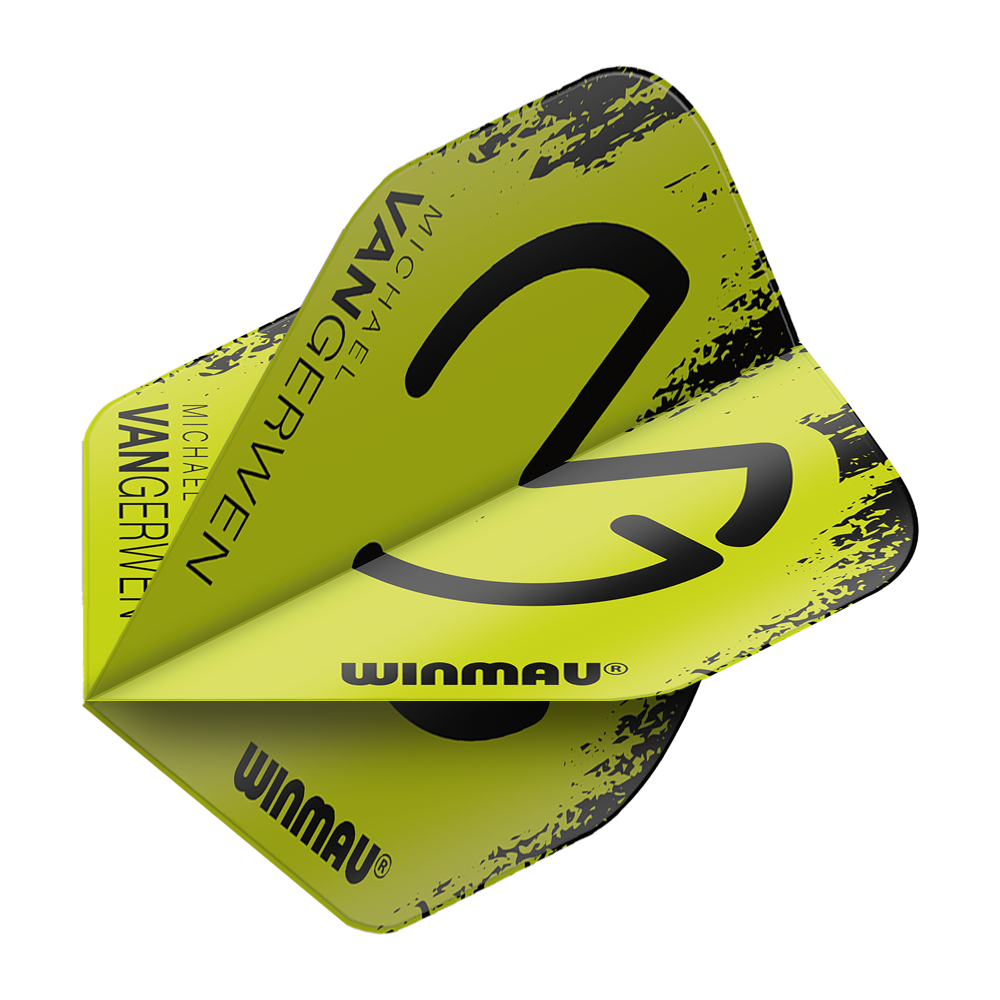 6900-232_Winmau_Mega_MvG_Black_Green_Standard_Flights_2 Das Bild zeigt ein Dartflight in den Farben Schwarz und Grün mit dem Aufdruck "Winmau" und "Michael van Gerwen". Das Produkt ist das "Winmau Mega MvG Black Green Standard Flights".