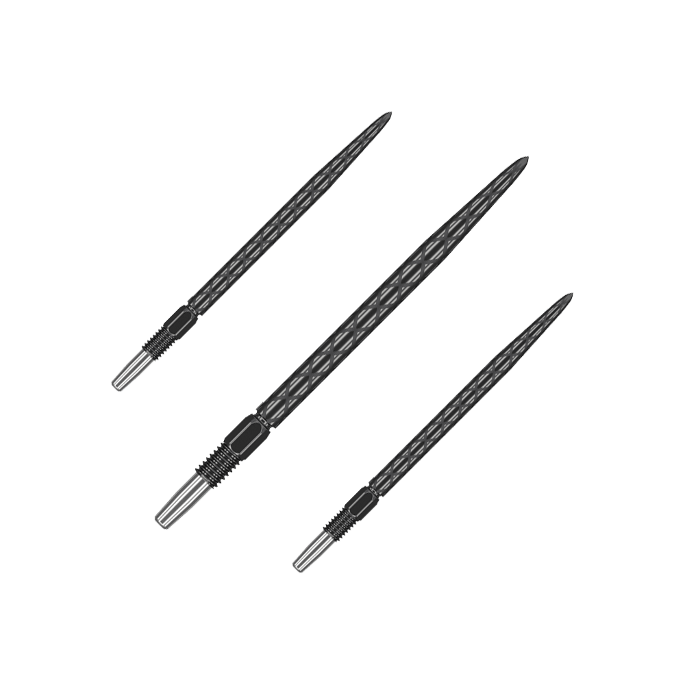 Puntas de dardos Target Swiss Diamond Pro Black Points Das Bild zeigt drei schwarze Dartspitzen mit einem diamantförmigen Muster. Sie sind in unterschiedlichen Winkeln angeordnet und haben einen metallischen Befestigungsbereich.