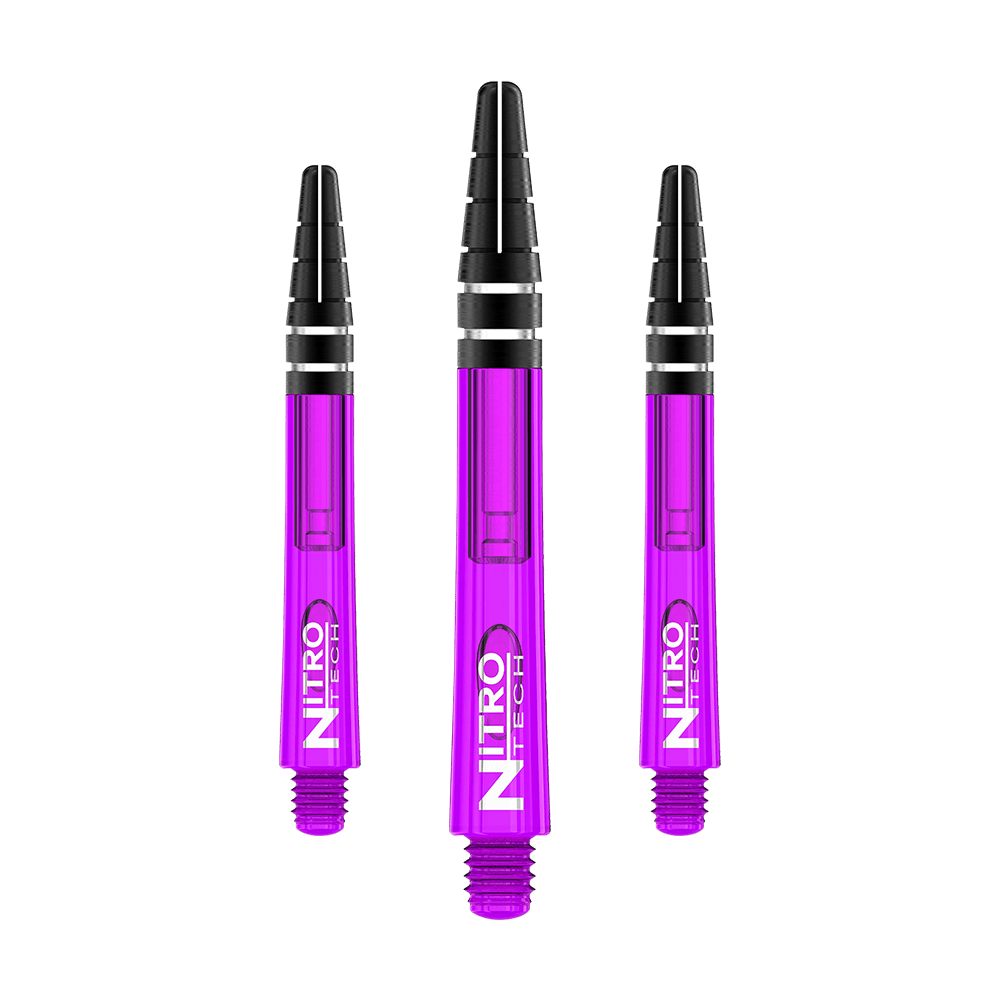 C612_Red_Dragon_Nitrotech_Shafts_Purple_42mm_1r0RcdpMkZakvA Das Bild zeigt drei lila Dartschäfte der Marke RedDragon Nitrotech. Die Schäfte haben schwarze Enden und den weißen Aufdruck "Nitrotech".