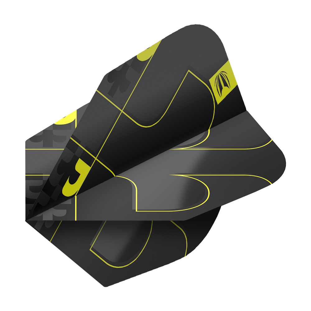 Vuelos Target ProUltra Bolide Void No6 Das Bild zeigt die Target ProUltra Bolide Void No6 Flights in einem modernen Design. Die Flights sind schwarz mit gelben Linien und grafischen Elementen gestaltet.