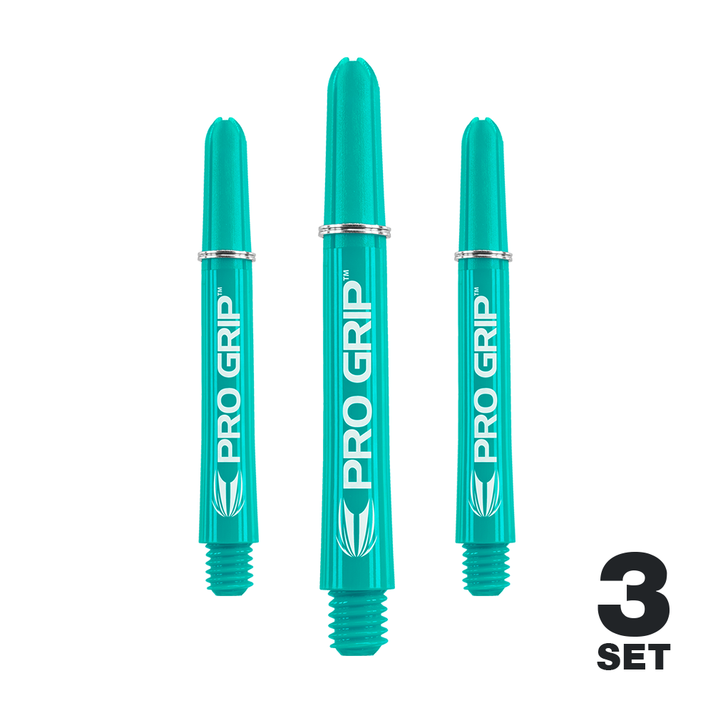 Varillas Target Pro Grip - 3 juegos - Aqua Das Bild zeigt drei türkisfarbene PRO GRIP Shafts für Dartpfeile. Unten rechts steht "3 SET" in schwarzer Schrift.