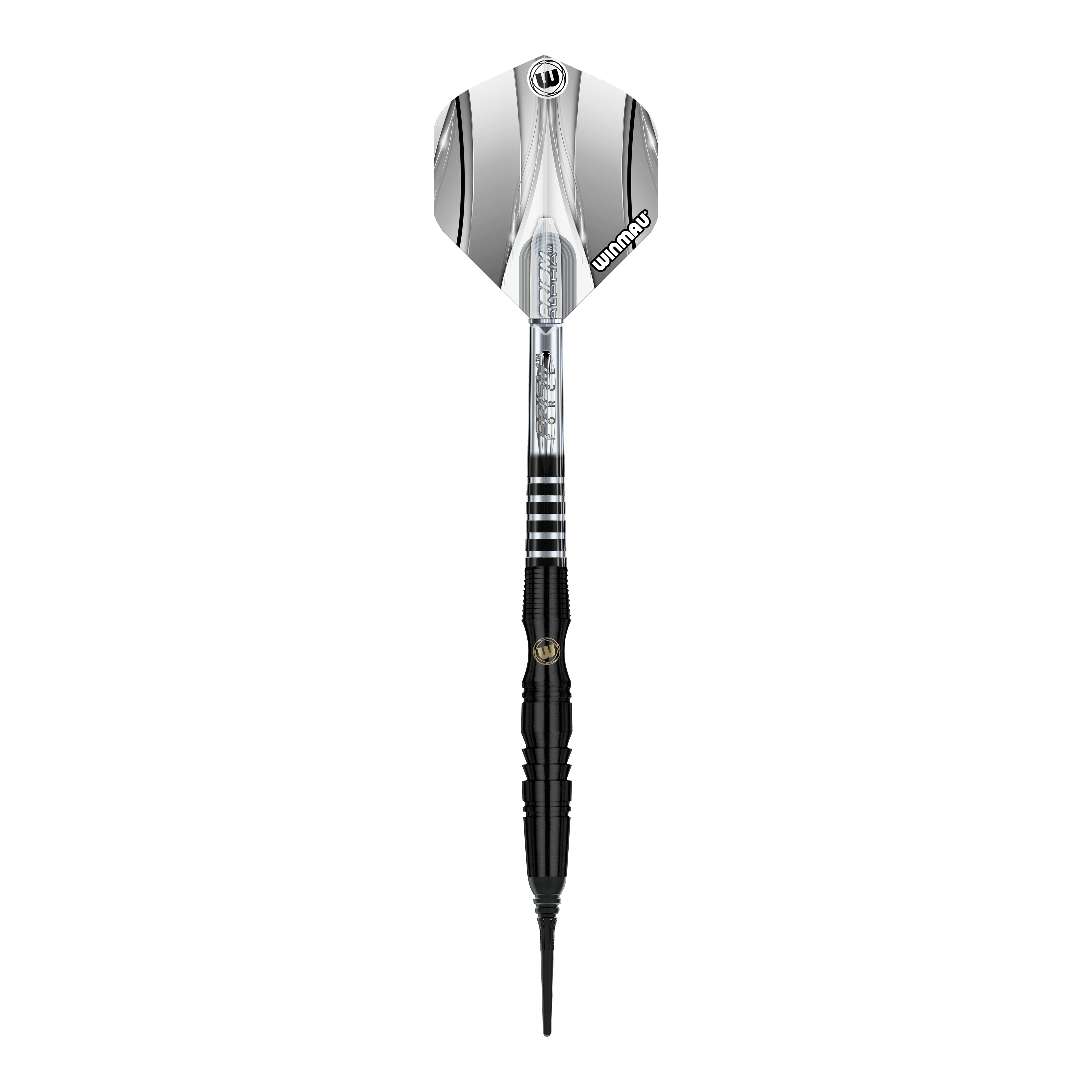 Dardos blandos Winmau Sniper Black - 20 g Das Bild zeigt einen Winmau Sniper Black Softdart mit einem Gewicht von 20 Gramm. Der Dart ist überwiegend schwarz mit silbernen Akzenten und besitzt eine schwarze Softspitze.