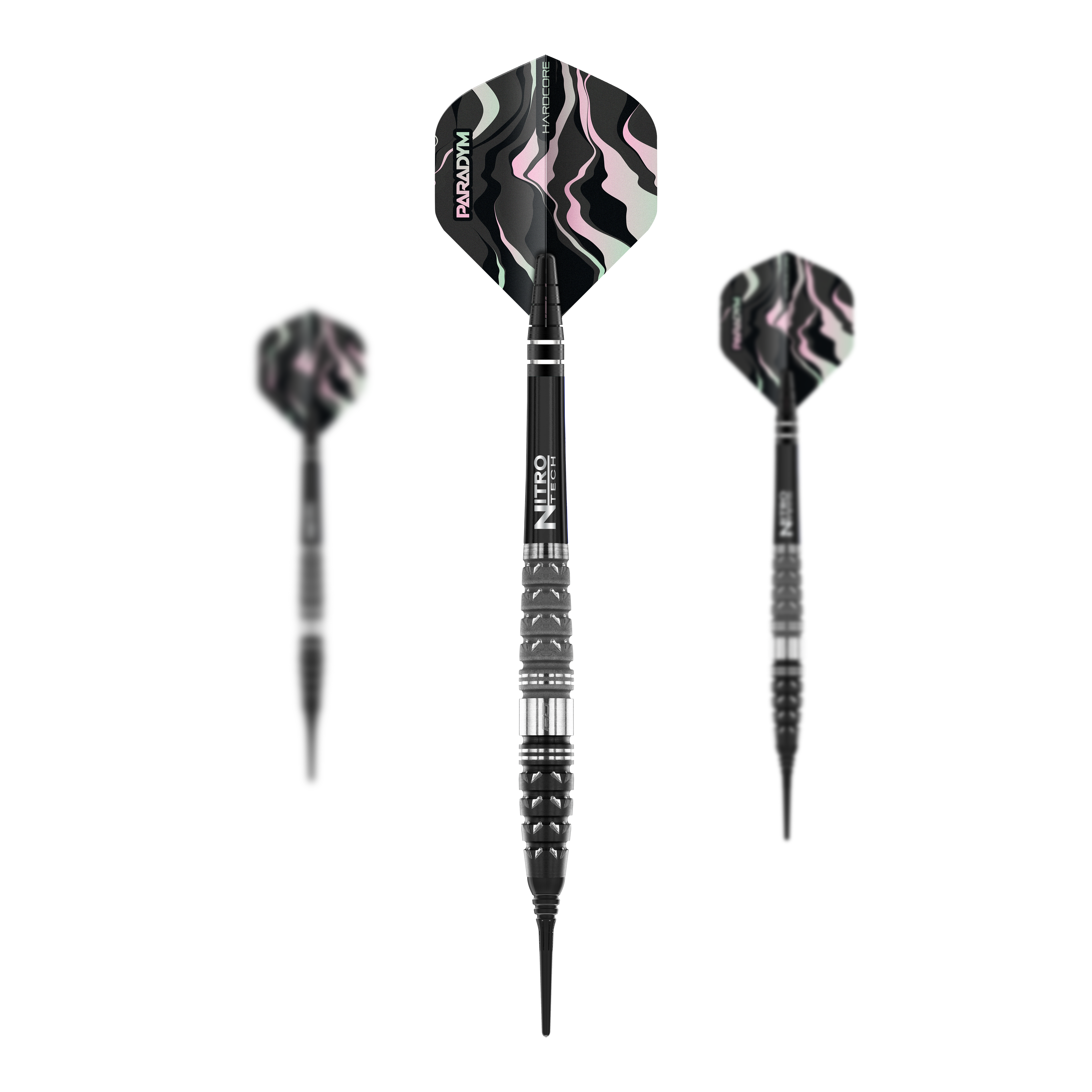 Dardos blandos Red Dragon Paradym Torpedo - 20 g Das Bild zeigt drei Softdarts des Modells "Red Dragon Paradym Torpedo - 20g". Die Darts haben schwarze, silberne und gemusterte Flights mit einem modernen Design.