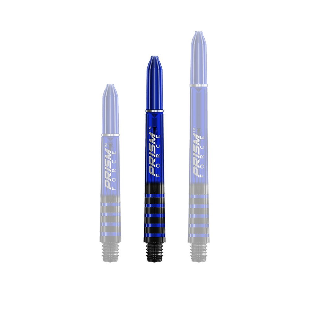 7020-403_Winmau_Prism_Force_Shafts_Blau_41mm_1HdxkOIzlYxdMW Das Bild zeigt drei blaue Winmau Prism Force Shafts in unterschiedlichen Längen. Die Shafts haben schwarze Ringe und die Aufschrift "Prism Force".