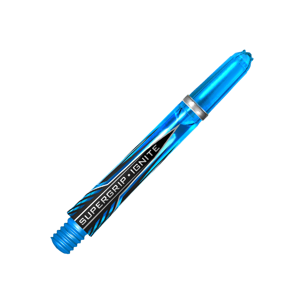 HR387_Harrows_Supergrip_Ignite_Shafts_Aqua_40mm_2 Dies ist ein Harrows Supergrip Ignite Shaft in der Farbe Aqua. Der Schaft ist transparent blau und hat ein modernes, auffälliges Design.
