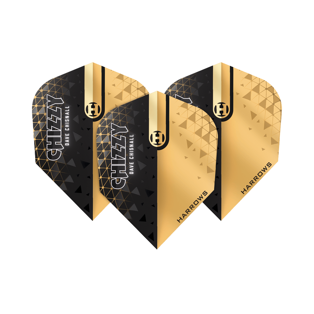 Harrows Prime Dave Chisnall Chizzy 2 No. 6 Vuelos Das Bild zeigt die Harrows Prime Dave Chisnall Chizzy 2 No6 Flights. Die Flights sind in Schwarz und Gold gestaltet und tragen die Aufschrift "CHIZZY DAVE CHISNALL" sowie "HARROWS".
