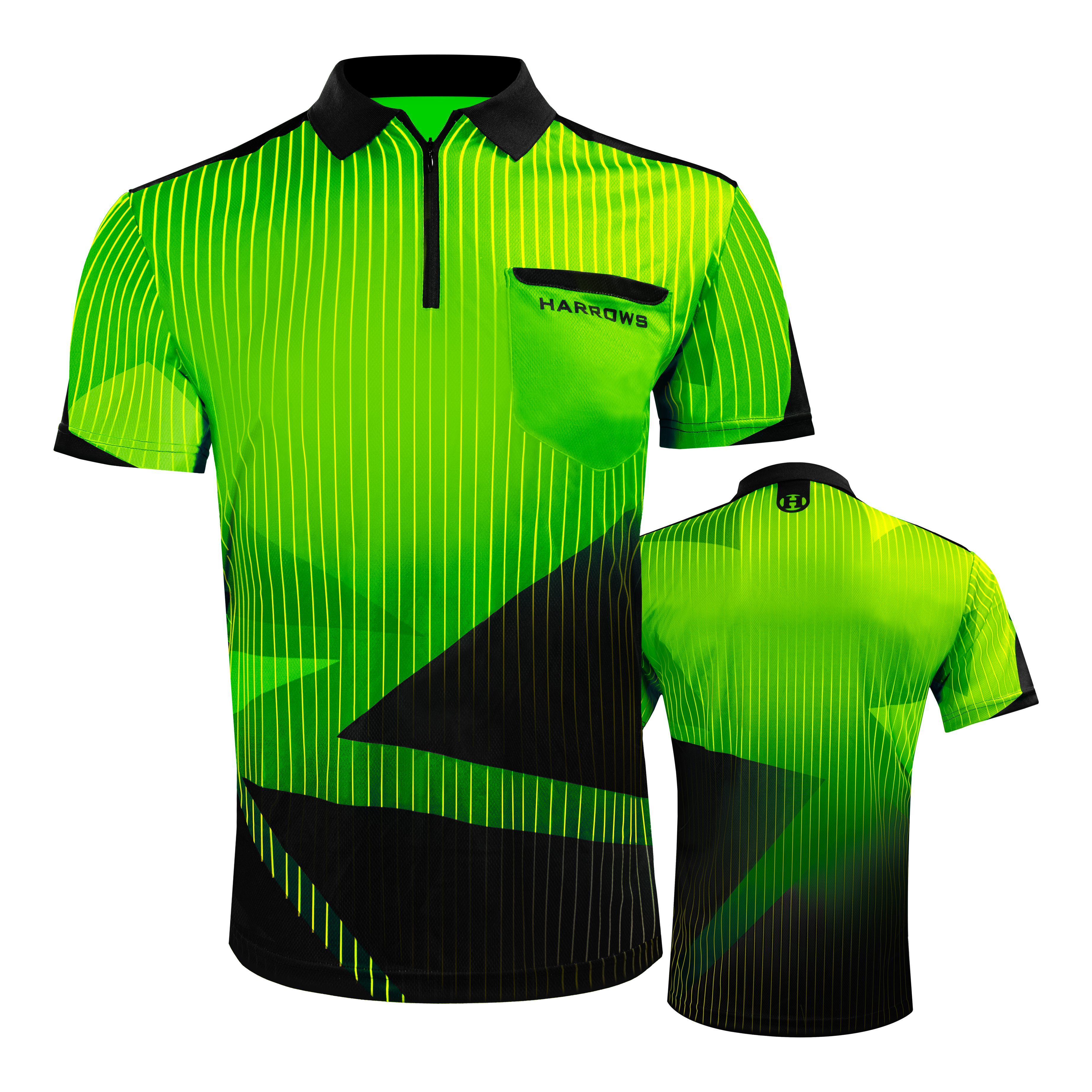Harrows Shard Dartshirt - Grün Das Bild zeigt das Harrows Shard Dartshirt in Grün mit modernen schwarzen und gelben Streifenmustern. Auf der Vorderseite befindet sich eine Brusttasche mit dem Aufdruck „Harrows“.