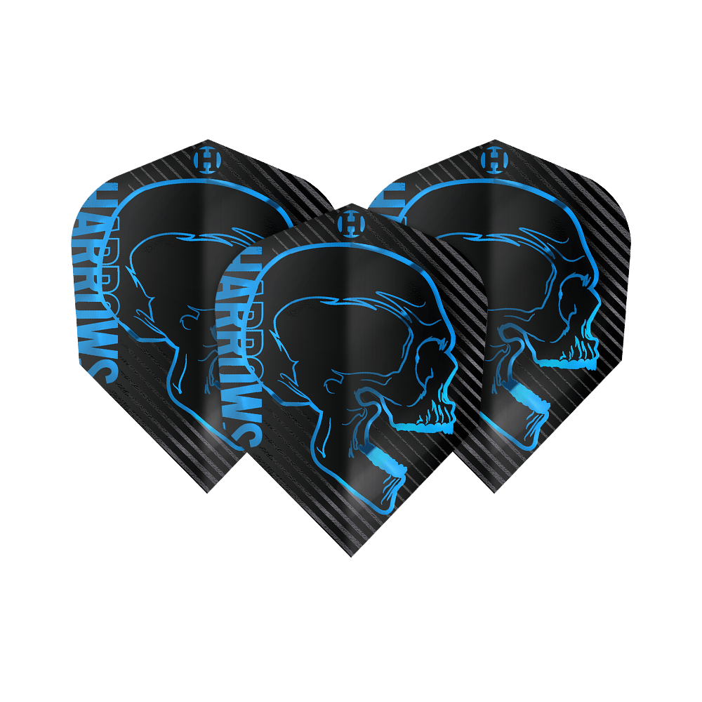 Rastrillos Rage Aqua No. 6 vuelos Das Bild zeigt drei schwarze Dart-Flights mit einem blauen Totenkopf-Design und dem Schriftzug "Harrows". Die Flights gehören zum Produkt "Harrows Rage Aqua No6".