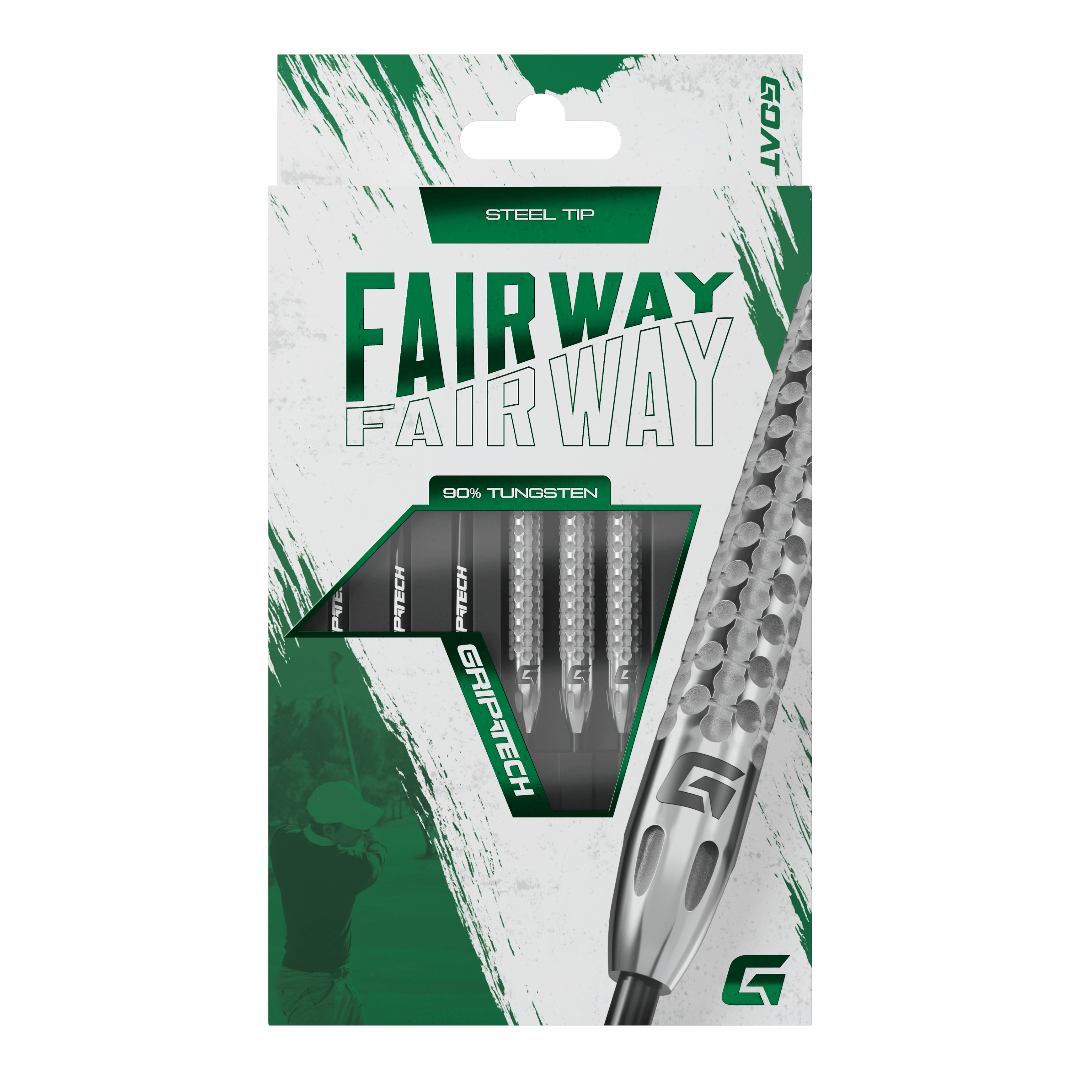 Dardos de acero de tungsteno GOAT Fairway V2 Die Abbildung zeigt die Verpackung der GOAT Fairway V2 Tungsten Steeldarts. Die Darts bestehen zu 90 % aus Tungsten und haben eine Stahspitze.