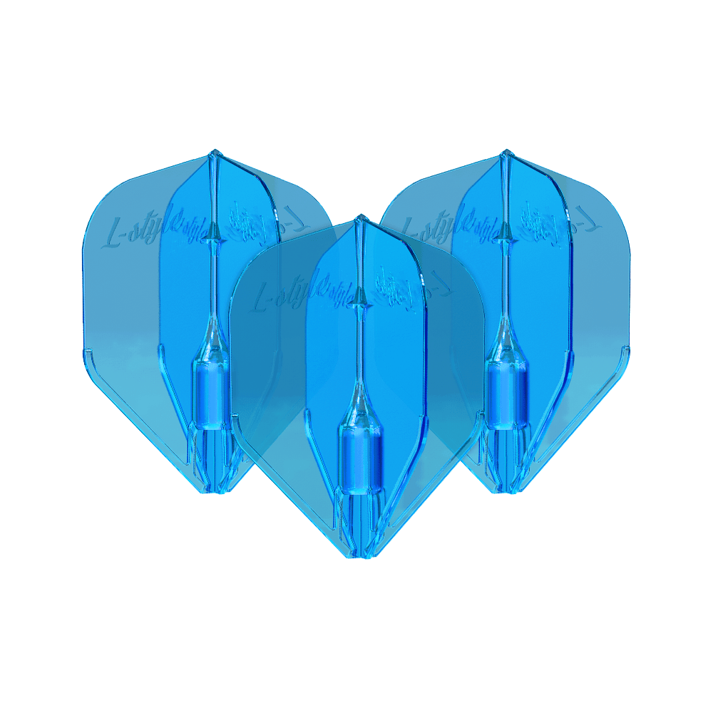 Plumas L-Style Fantom L3EZ Azul Das Bild zeigt drei blaue L-Style Fantom L3EZ Flights für Dartpfeile. Sie sind nebeneinander angeordnet und haben eine glänzende Oberfläche.