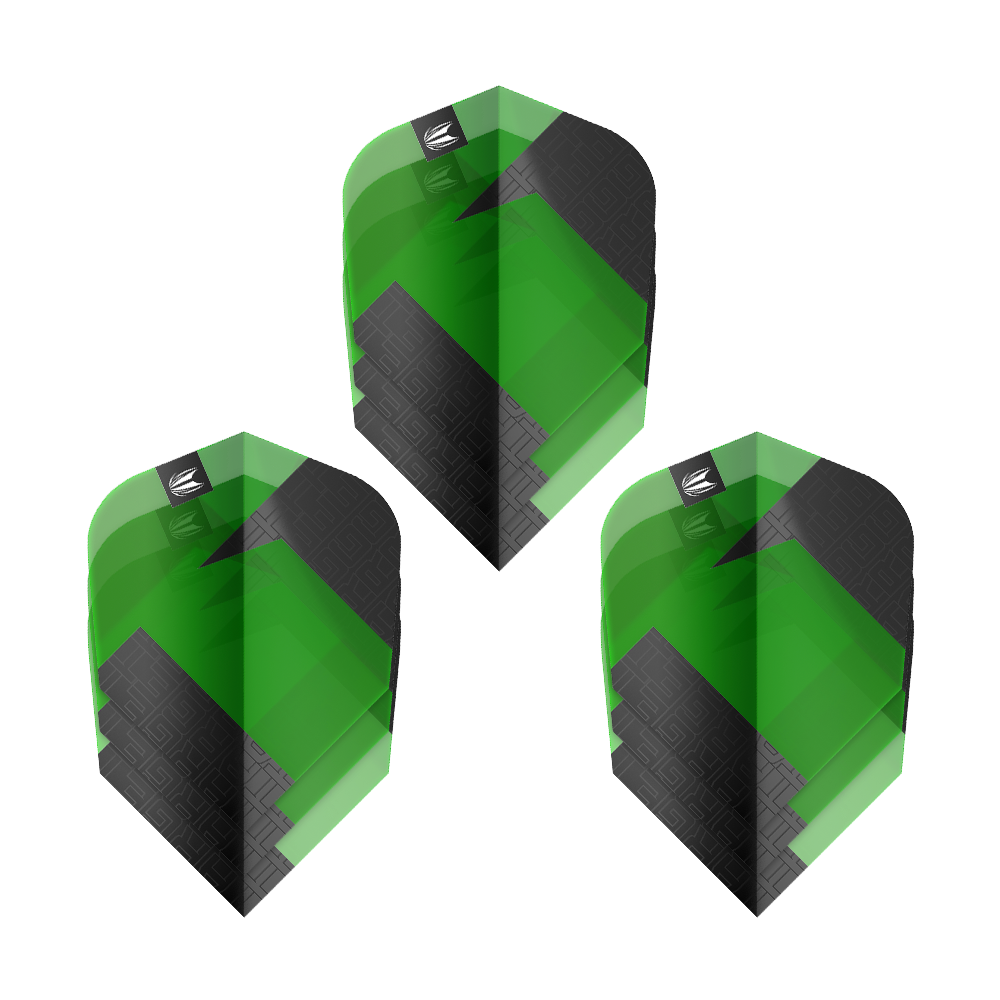 Vuelos estándar Target Pro Ultra TAG Green Ten-X - 3 juegos Das Bild zeigt drei grüne und schwarze Dart-Flights des Produkts "Target Pro Ultra TAG Grün Ten-X Standard". Die Flights haben ein auffälliges geometrisches Muster und das Target-Logo oben.