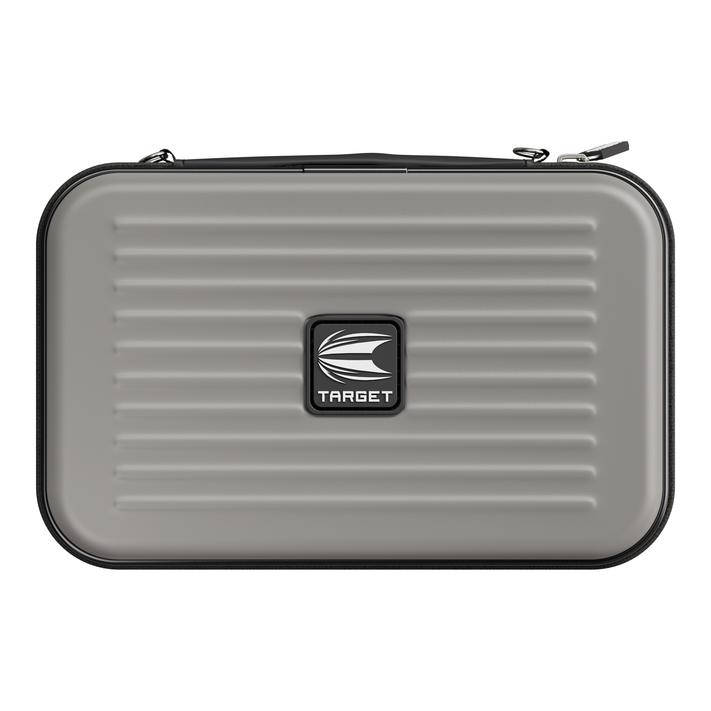 Cartera de dardos Target Takoma XL Das Bild zeigt ein graues, rechteckiges Etui mit dem Logo „TARGET“ in der Mitte. Das Etui hat eine strukturierte Oberfläche und einen Reißverschluss am Rand.
