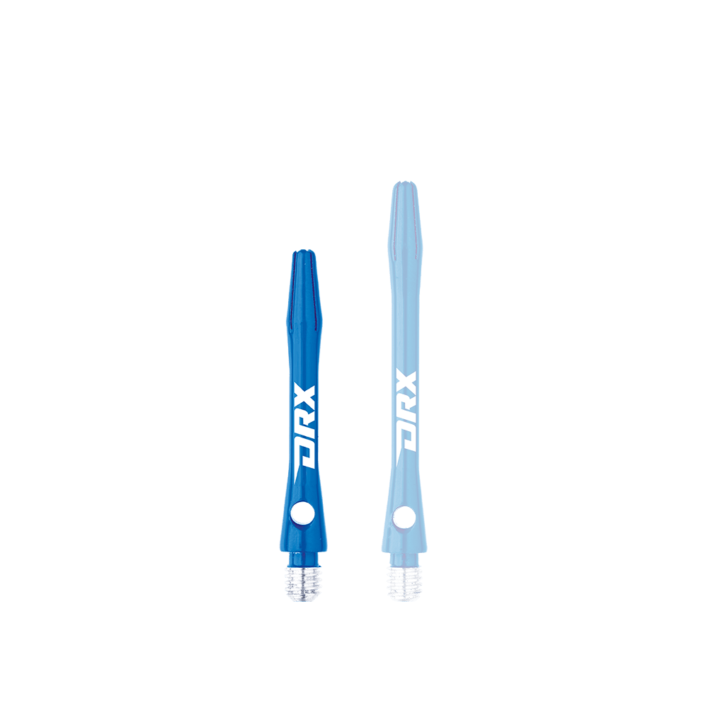 C630_Red_Dragon_DRX_Coated_Aluminium_Shafts_Blau_36mm_1e2R4zLvC979Kg Das Bild zeigt zwei blaue Red Dragon DRX beschichtete Aluminiumschäfte. Auf den Schäften ist deutlich das weiße DRX-Logo zu sehen.