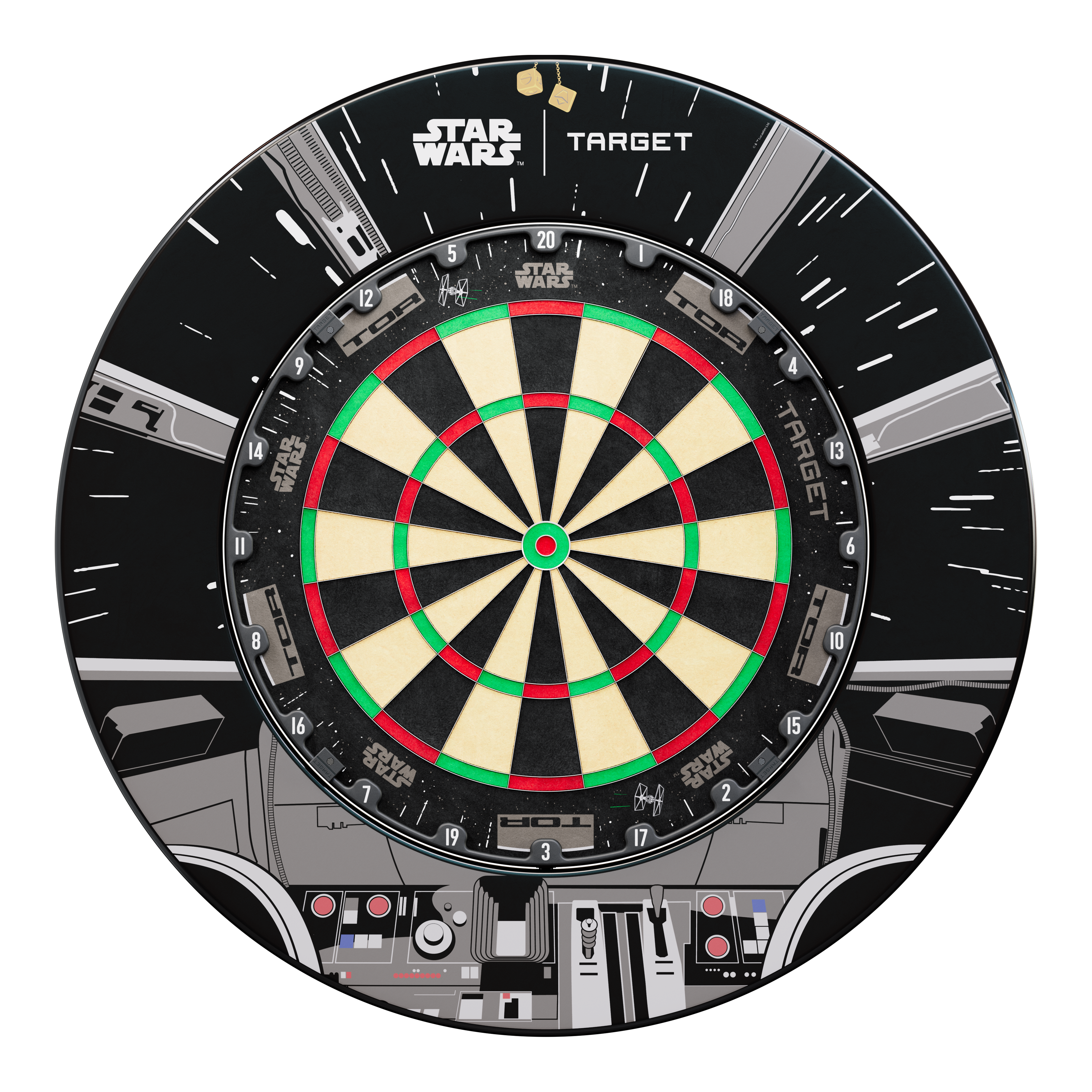 Paquete de dardos Target Star Wars Millennium Falcon TOR Dieses Bild zeigt das Target Star Wars Millennium Falcon Surround Board Bundle. Es handelt sich um ein spezielles Bundle für Dartliebhaber und Star Wars Fans.