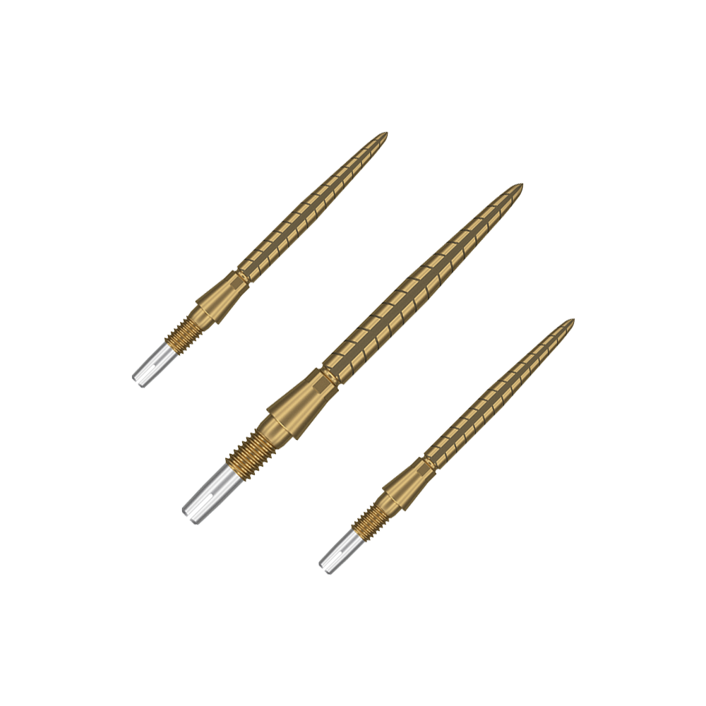 Puntas de dardos Target Swiss Storm Quartz - Doradas Auf dem Bild sind drei goldfarbene Dartspitzen zu sehen. Sie sind schlank, haben ein geriffeltes Design und haben vorne eine silberne Spitze.