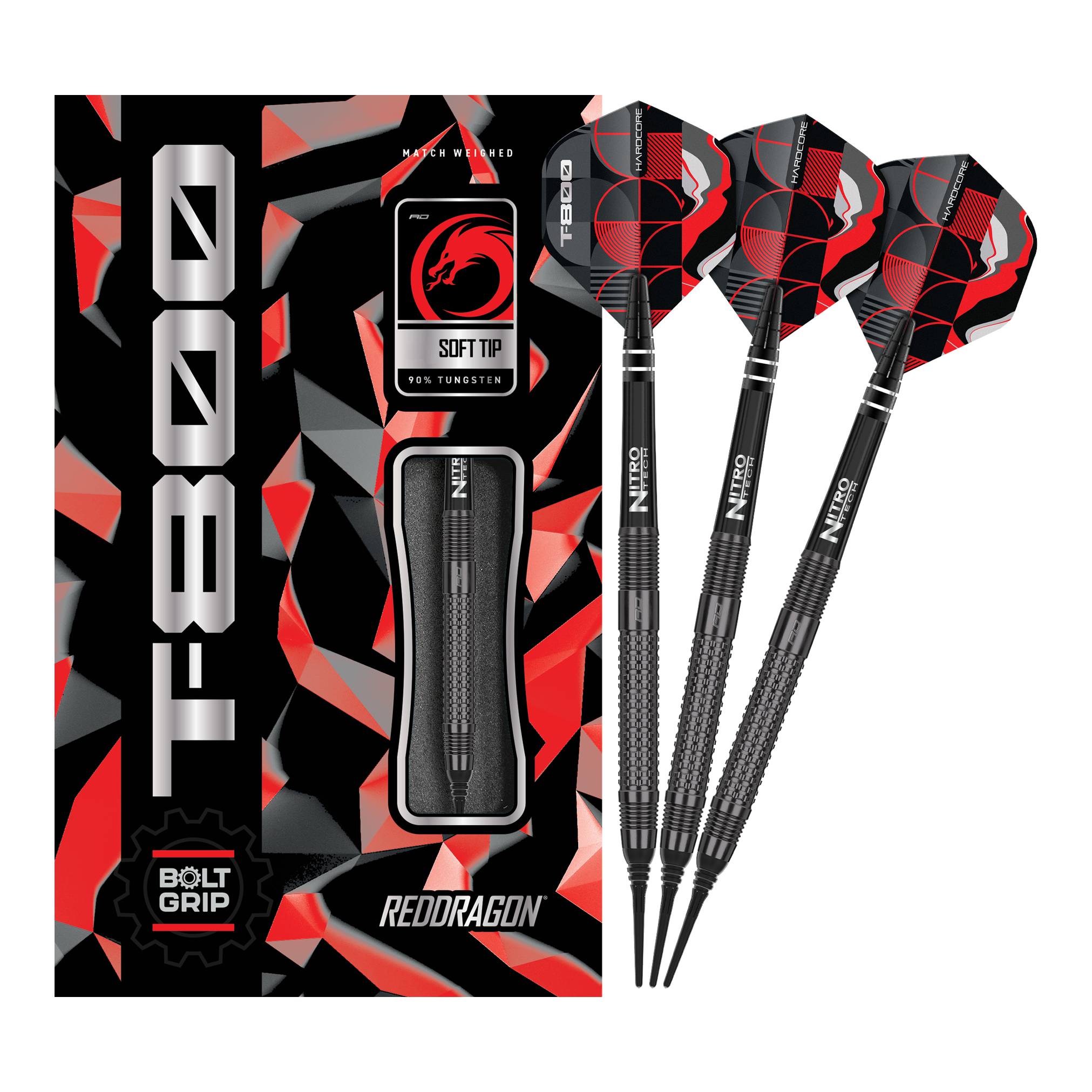 Dardos blandos Red Dragon T-800 - 20 g Das Bild zeigt die Red Dragon T-800 Softdarts mit 20g Gewicht in einer schwarzen und roten Verpackung. Drei schwarze Softdarts mit roten und schwarzen Flights sind neben der Verpackung abgebildet.