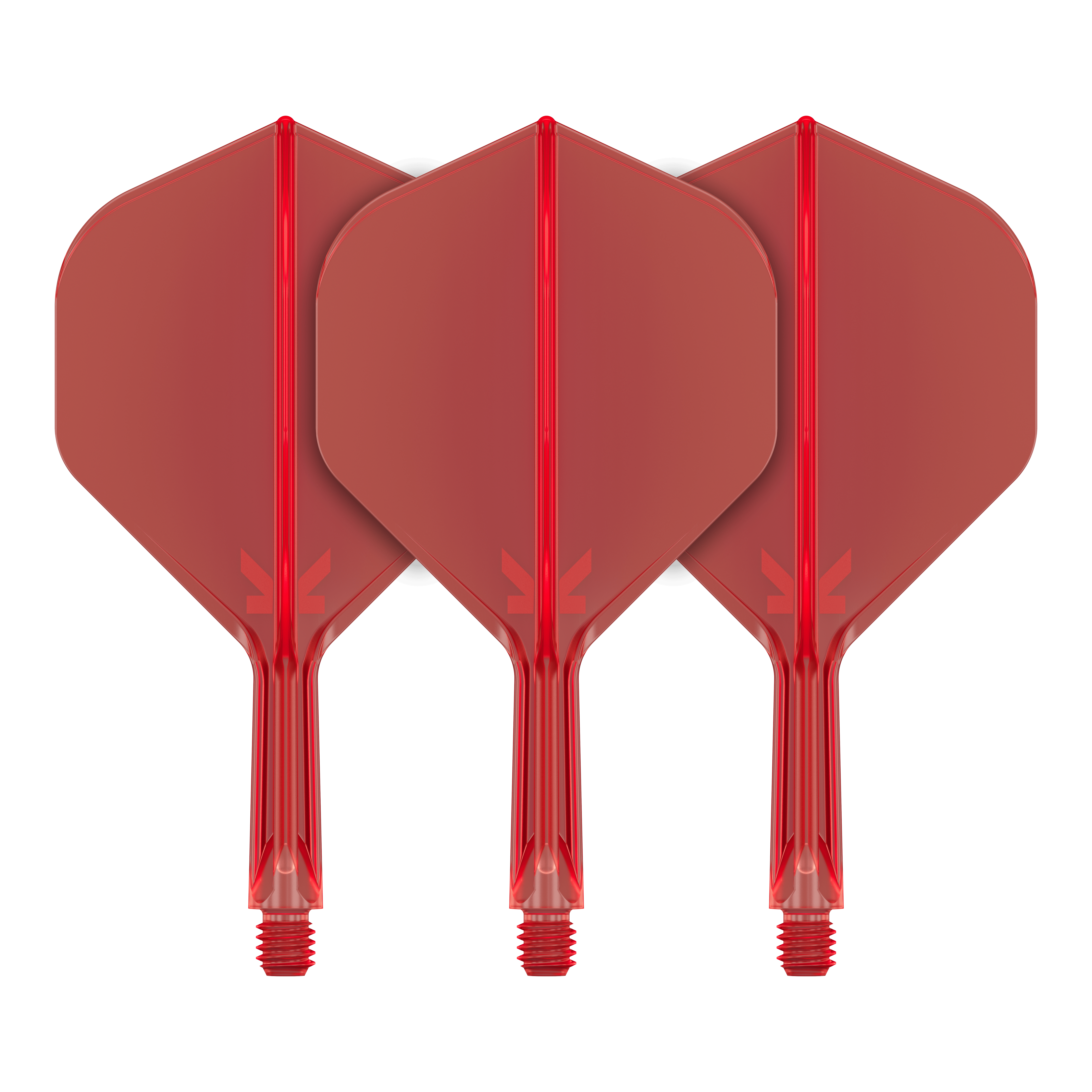 Sistema de vuelo estándar Target K-Flex No2 - Rojo Auf dem Bild sind drei rote Dartflights mit befestigtem Schaft zu sehen. Sie stehen nebeneinander und haben eine standardmäßige Pfeilform.