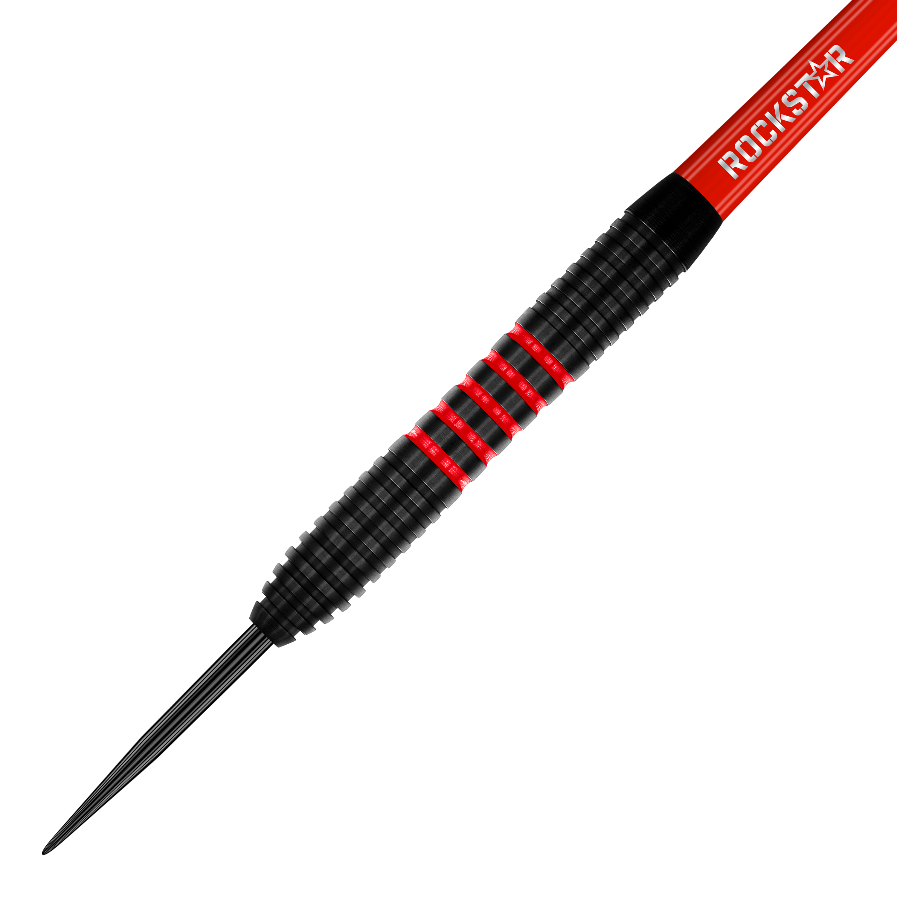 Dardos de acero de latón Winmau Joe Cullen - 20 g Das Bild zeigt einen Winmau Joe Cullen Brass Steeldart mit einem Gewicht von 20g. Der Dart ist überwiegend schwarz mit roten Ringen und dem Schriftzug "ROCKSTAR" auf dem Schaft.