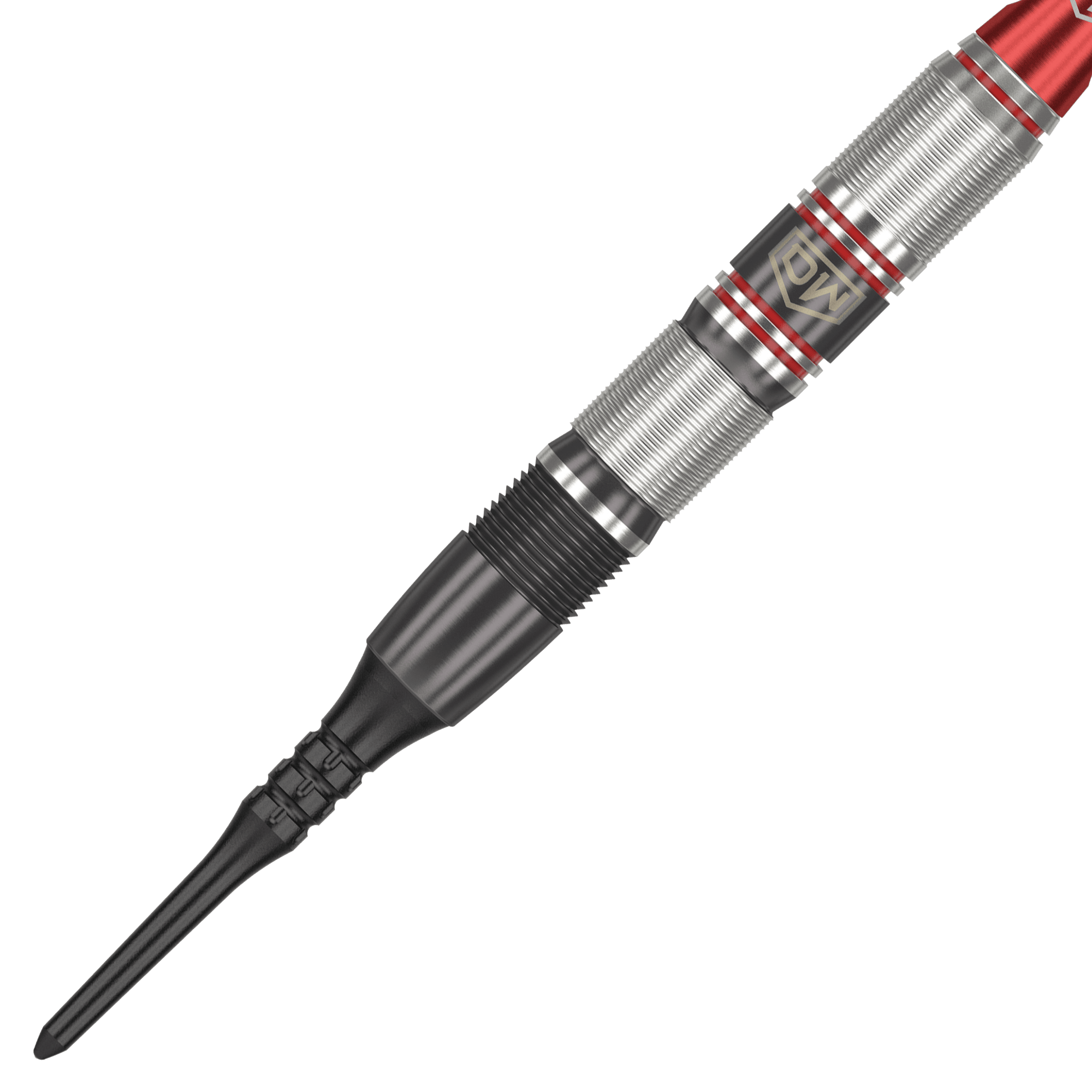 Dardos blandos DW Piranha Razor 02 Das Bild zeigt einen DW Piranha Razor 02 Softdart mit einer schwarzen Spitze und silbernem, rot akzentuiertem Griff. Das Design wirkt hochwertig und sorgt für guten Halt beim Werfen.
