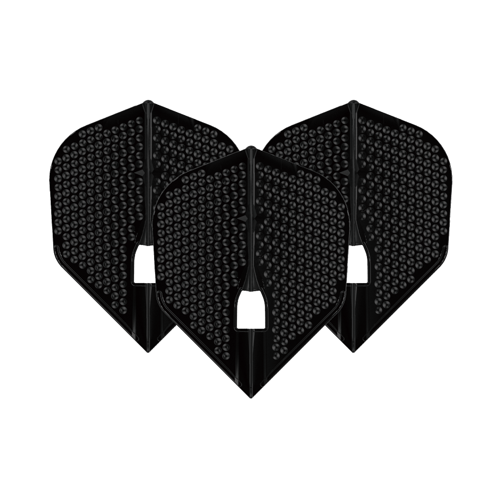 Plumas estilo L Dimple Champagne Forma L3PRO Das Bild zeigt drei schwarze L-Style Flights Dimple Champagne L3PRO Shape. Sie haben eine strukturierte Oberfläche mit kleinen runden Vertiefungen.