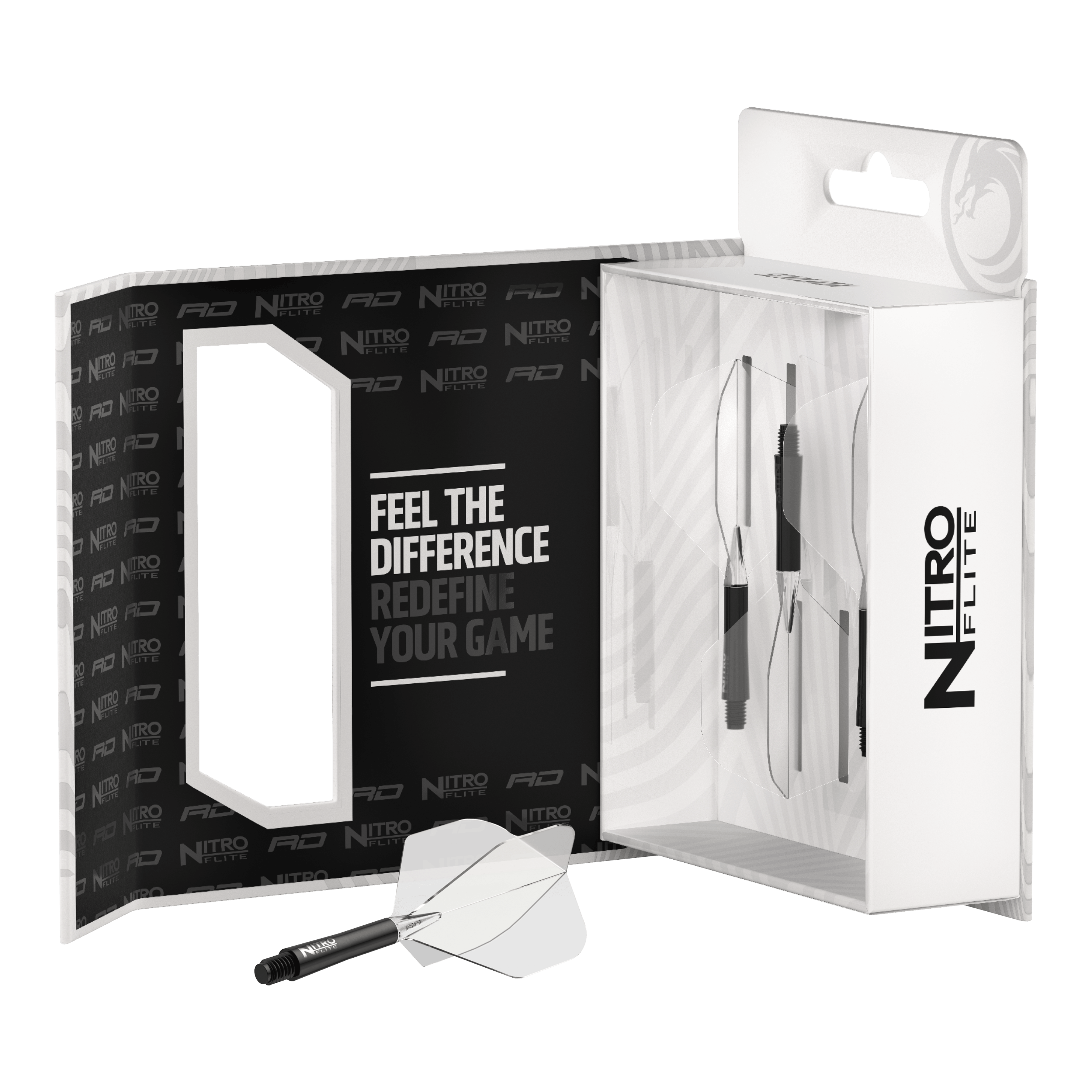 Das Bild zeigt eine Verpackung des Produkts "Red Dragon Nitroflite - Black Shaft Clear No2 Flights". In der Box sind schwarze Shafts mit klaren Flights für Dartpfeile zu sehen.