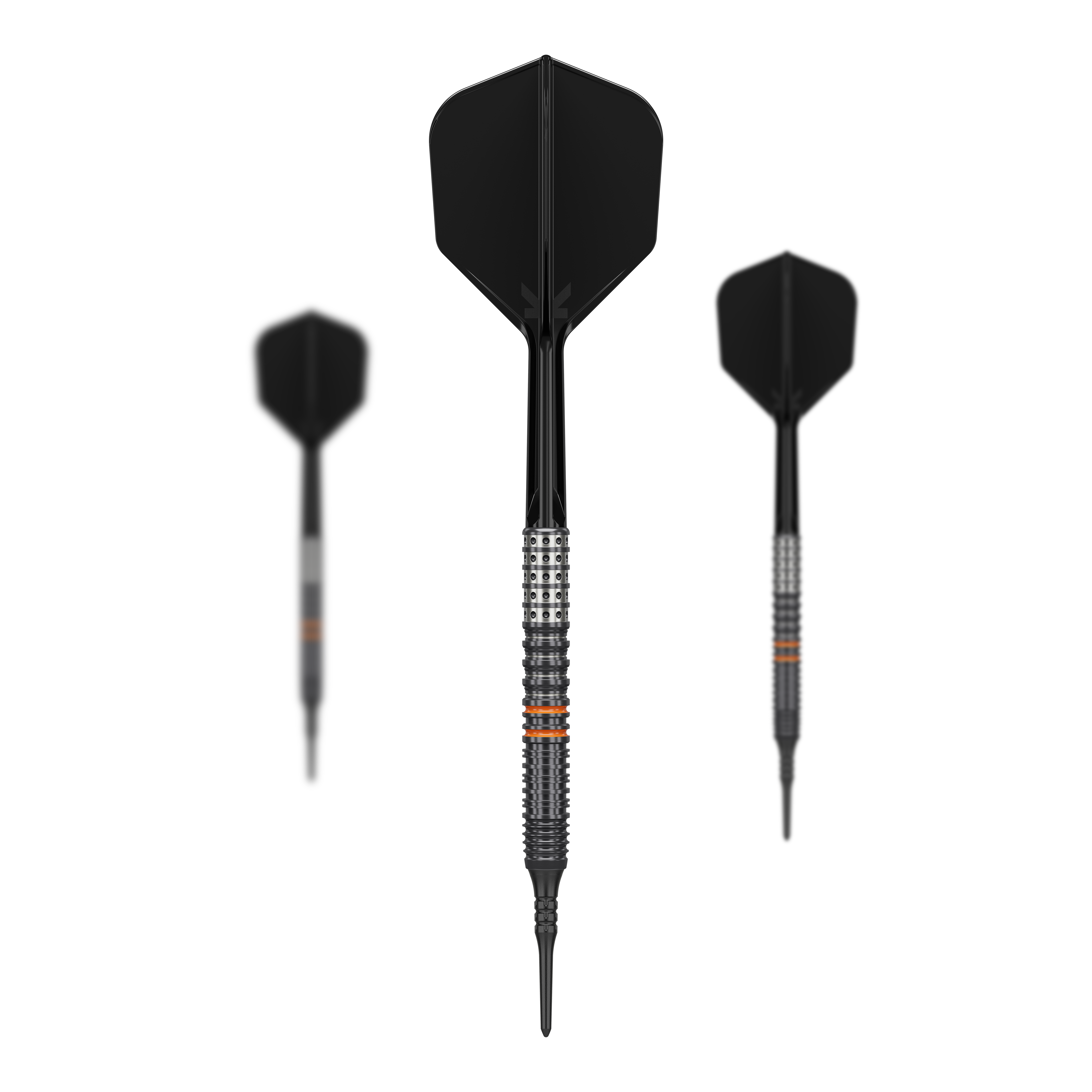 Dardos blandos Target Japan Black Marque Morpheus GEN2 - 19 g Das Bild zeigt drei schwarze Softdarts des Modells "Target Japan Black Marque Morpheus GEN2 - 19g". Die Darts haben ein modernes Design mit silbernen und orangen Akzenten am Griffstück.