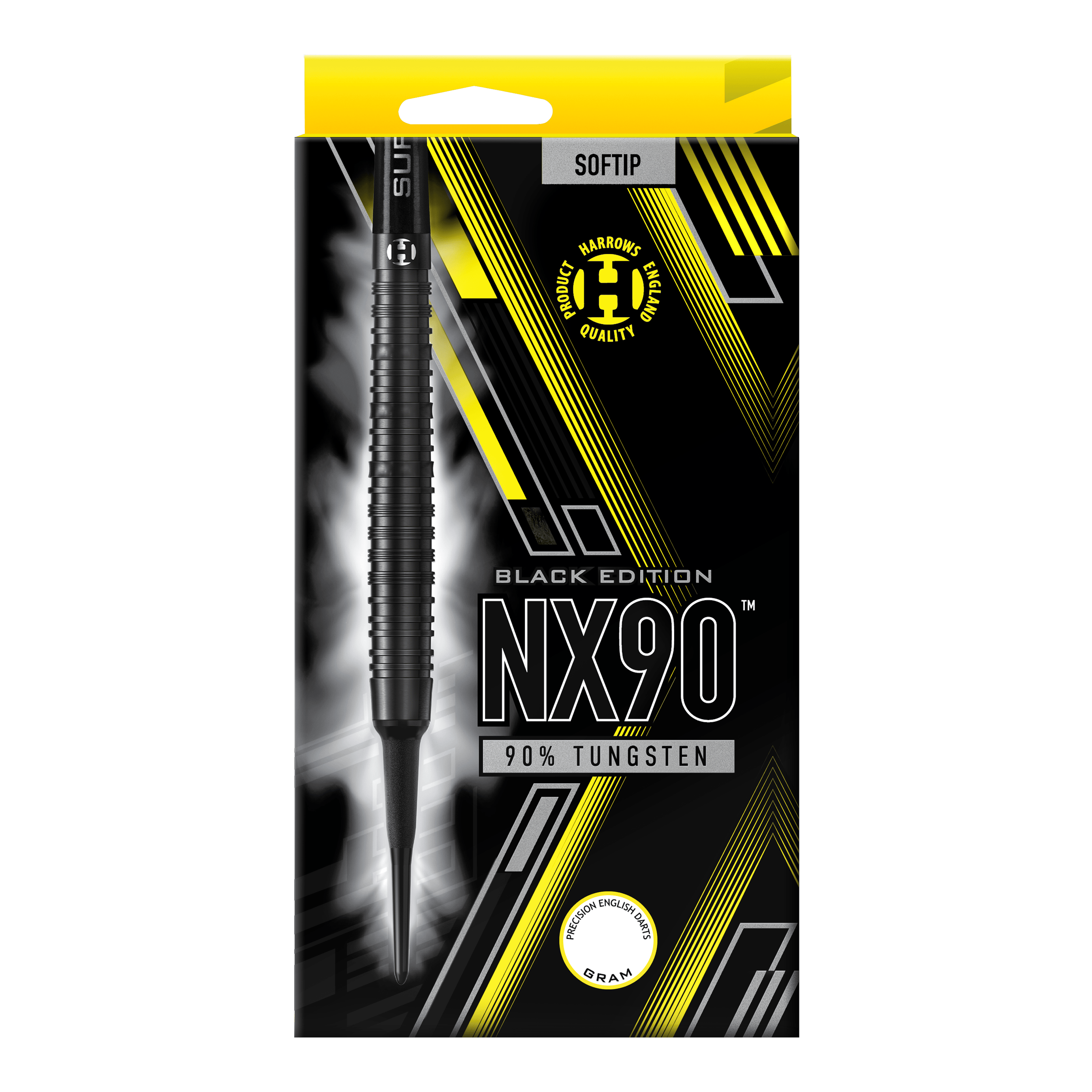 Dardos blandos Harrows NX90 Black Edition Auf dem Bild ist die Verpackung der "Harrows NX90 Black-Edition Softdarts" zu sehen. Die Verpackung ist überwiegend schwarz mit gelben und silbernen Akzenten und zeigt einen Softdart aus 90% Tungsten.