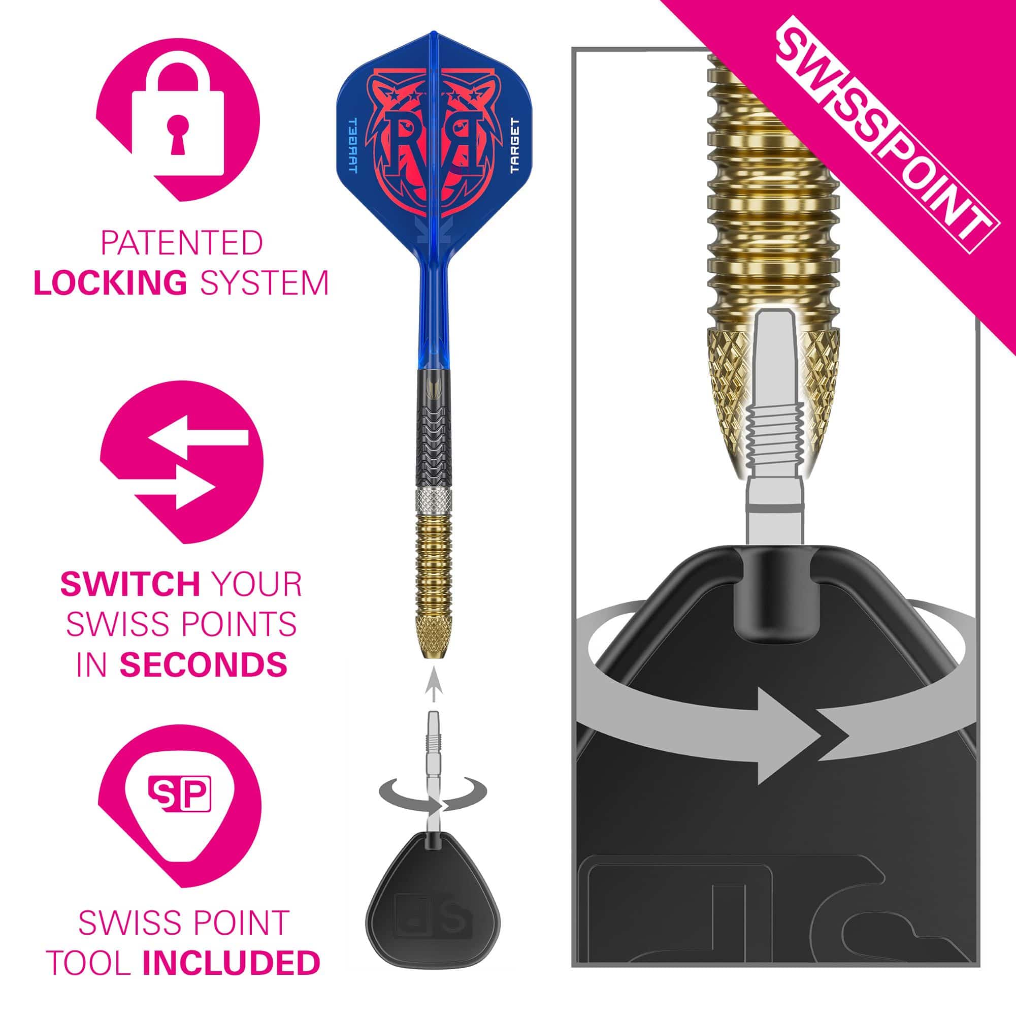 Target Raymond Van Barneveld GEN6 Dardos de acero con punta suiza Das Bild zeigt die Target Raymond Van Barneveld GEN6 Swiss Point Steeldarts. Die Darts sind hochwertig verarbeitet und speziell für professionelle Spieler entwickelt.