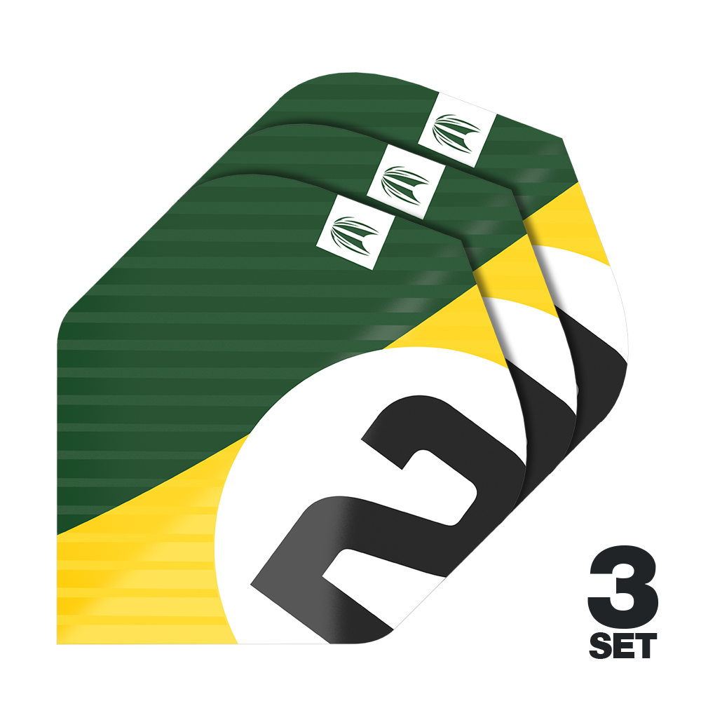 Plumas estándar Target Pro Ultra Chicane Green No2 (3 juegos) Das Bild zeigt drei Sets der Target Pro Ultra Chicane Green No2 Standard Flights. Die Flights sind grün mit gelben und weißen Akzenten sowie einer großen schwarzen „2“ bedruckt.