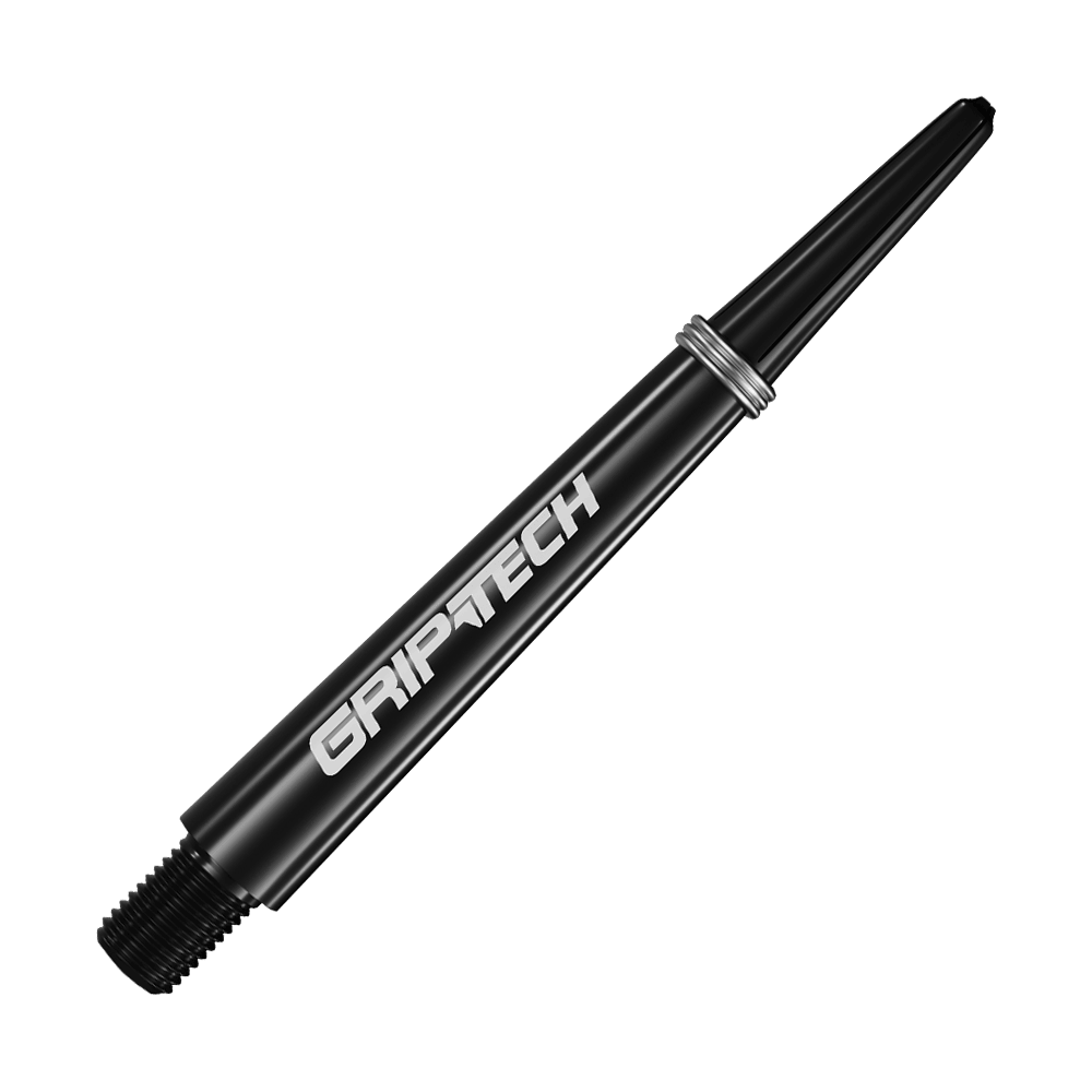 Varillas GOAT Griptech - Negras Auf dem Bild ist ein schwarzer Dart-Schaft mit der Aufschrift "GRIPTECH" zu sehen. Der Schaft ist schlank und hat silberne Ringe in der Nähe des oberen Endes.