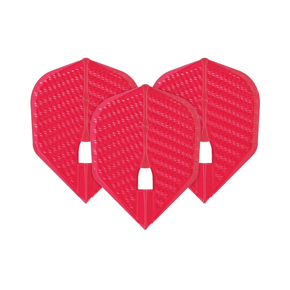 L-Style Flights Dimple Champagne L3PRO Shape Das Bild zeigt drei rote Dartflights des Modells "L-Style Flights Dimple Champagne L3PRO Shape". Die Flights haben eine strukturierte Oberfläche mit kleinen Vertiefungen.