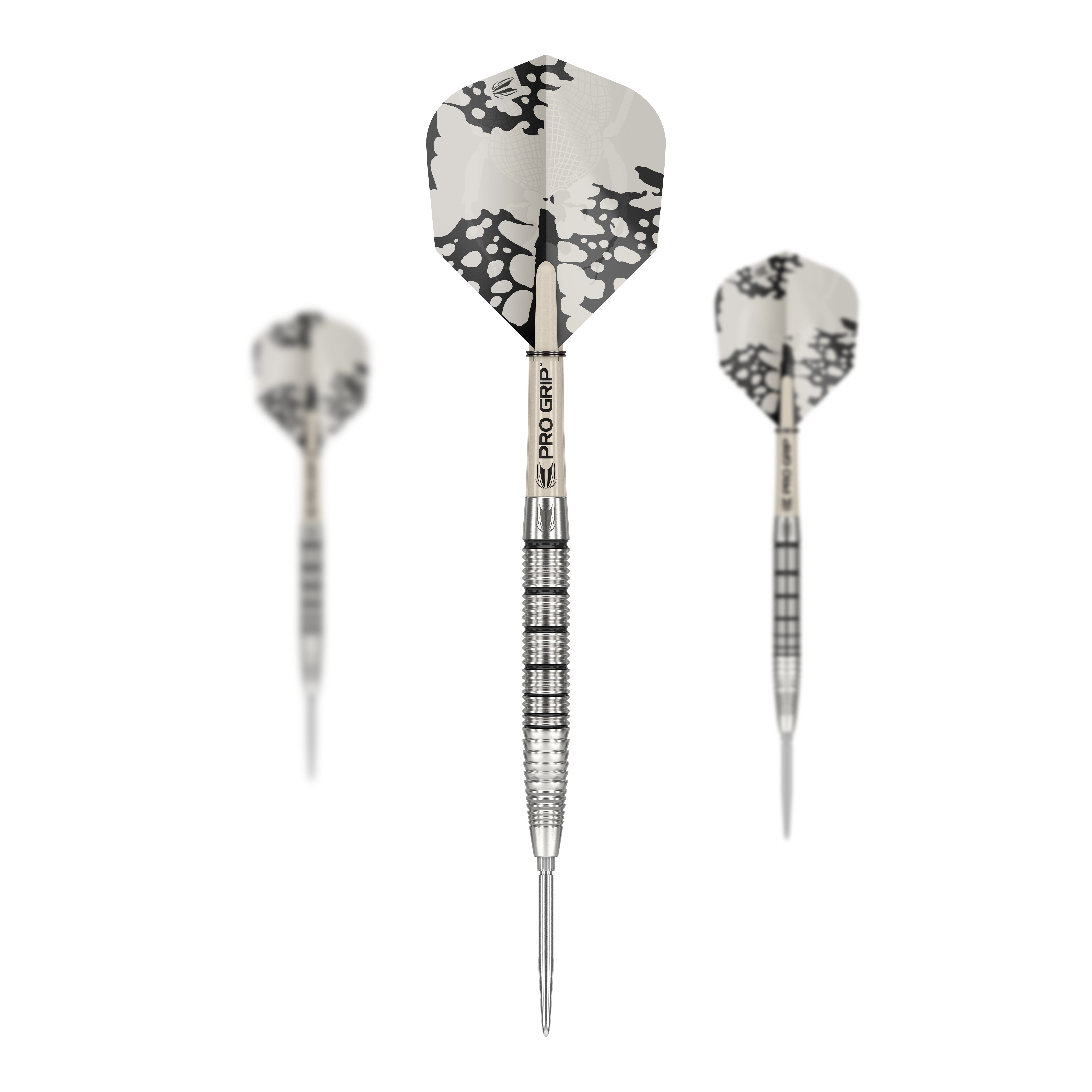 Dardos de acero Target EXO SP02 Swiss Point Das Bild zeigt drei Target EXO SP02 Swiss Point Steeldarts mit modernen, silbernen Flights. Die Darts haben einen geriffelten Griff und sind mit dem Schriftzug "PRO GRIP" versehen.