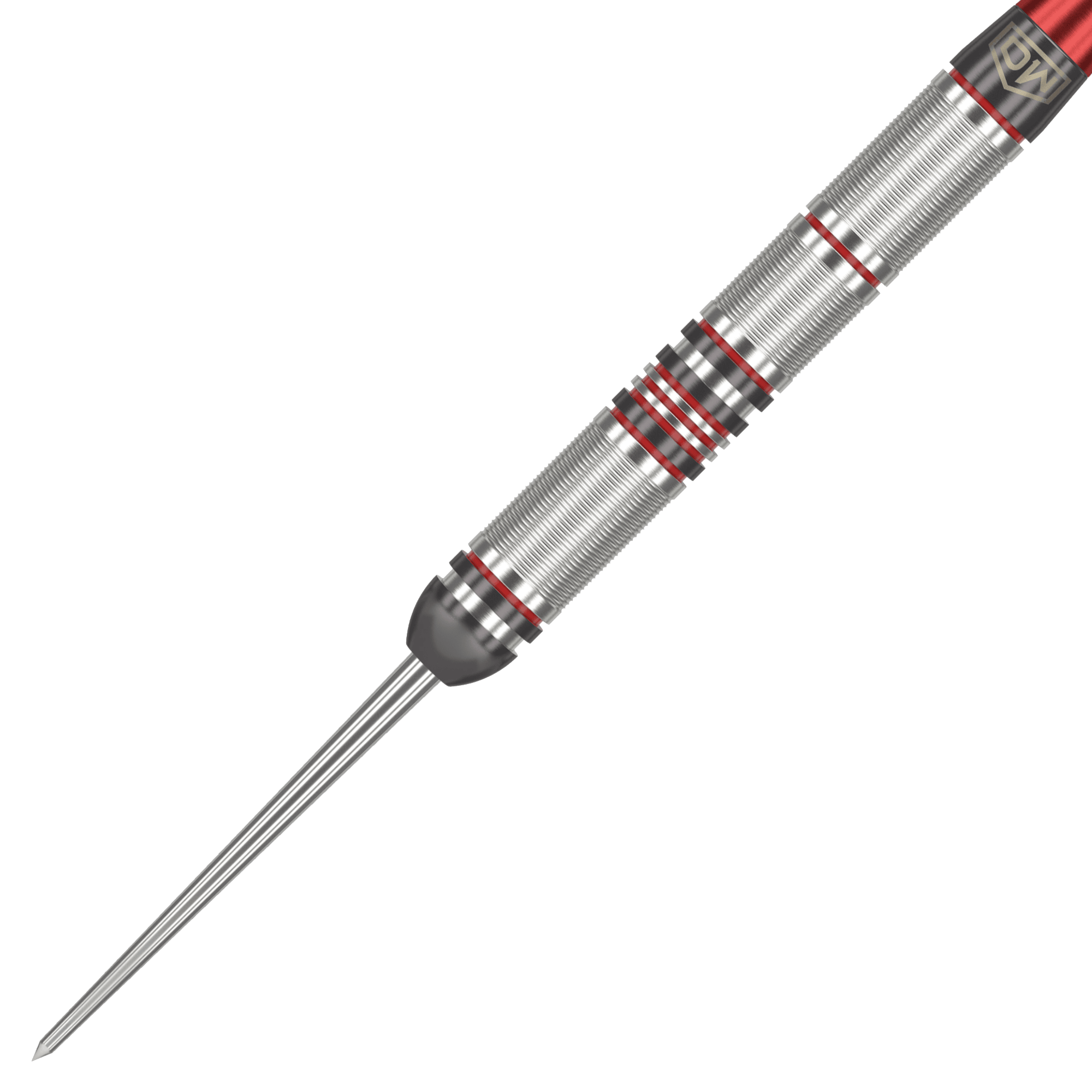 Dardos de acero DW Piranha Razor 01 Das Bild zeigt einen DW Piranha Razor 01 Steeldart. Der Dartpfeil ist silbern mit roten Akzenten und hat eine feine Griffstruktur.