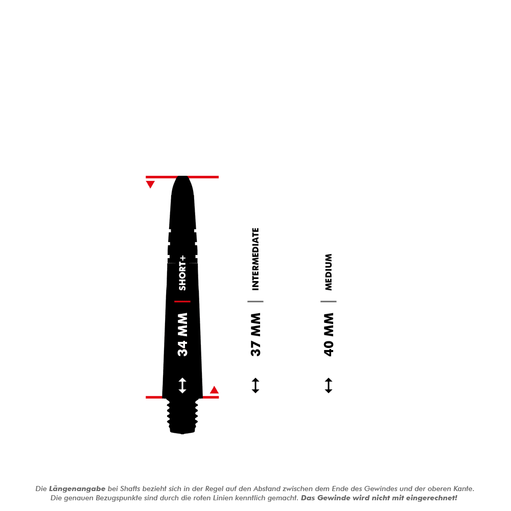 7025_Winmau_Vecta_Shafts_5_34mmlzlSChaLOG7Hg Das Bild zeigt verschiedene Längenangaben der Winmau Vecta Shafts in Gelb. Die Längen werden zwischen dem Ende des Gewindes und der oberen Kante gemessen, wobei das Gewinde nicht mitgerechnet wird.