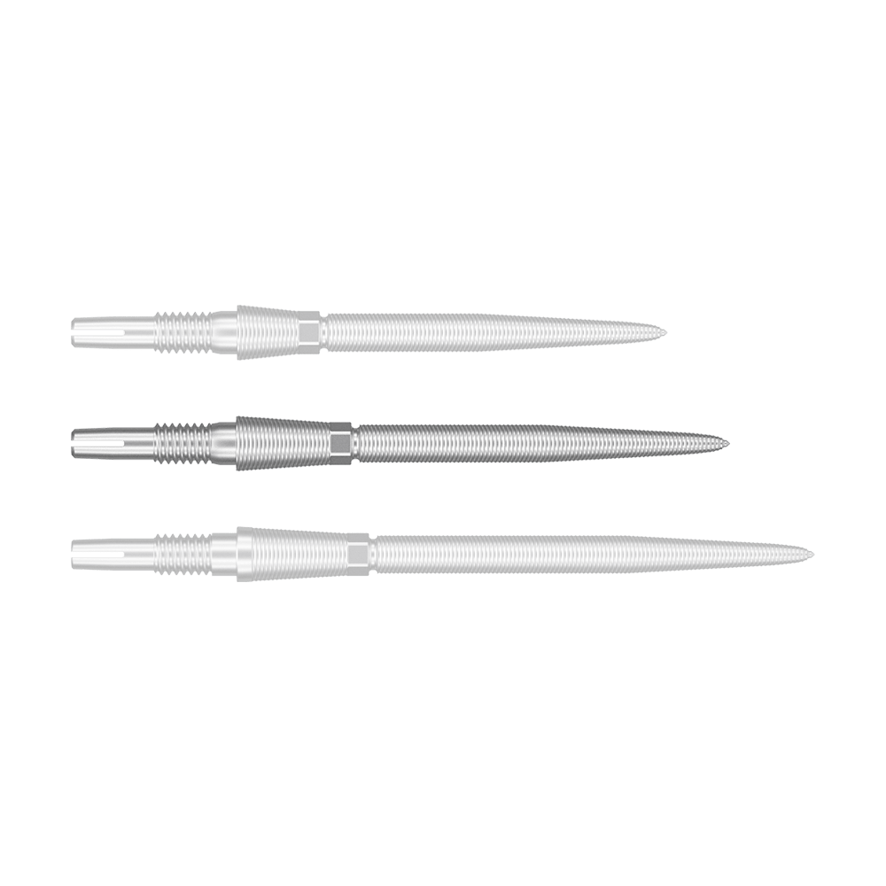 340081_Target_Swiss_Storm_Nano_Point_Dartspitzen_Silber_30mm_1 Das Bild zeigt drei silberne Dartspitzen, die nebeneinander angeordnet sind. Sie sind lang, schlank und haben eine fein gerillte Oberfläche.