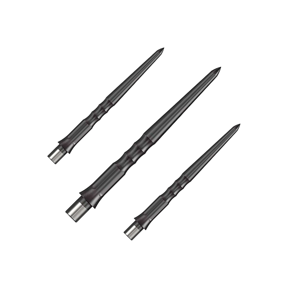 Puntas Caliburn System Steeldart - Onduladas - Sin labio - Negras Auf dem Bild sind drei schwarze Stahlspitzen für Dartpfeile zu sehen. Sie haben ein geriffeltes Design und sind 28 mm lang.