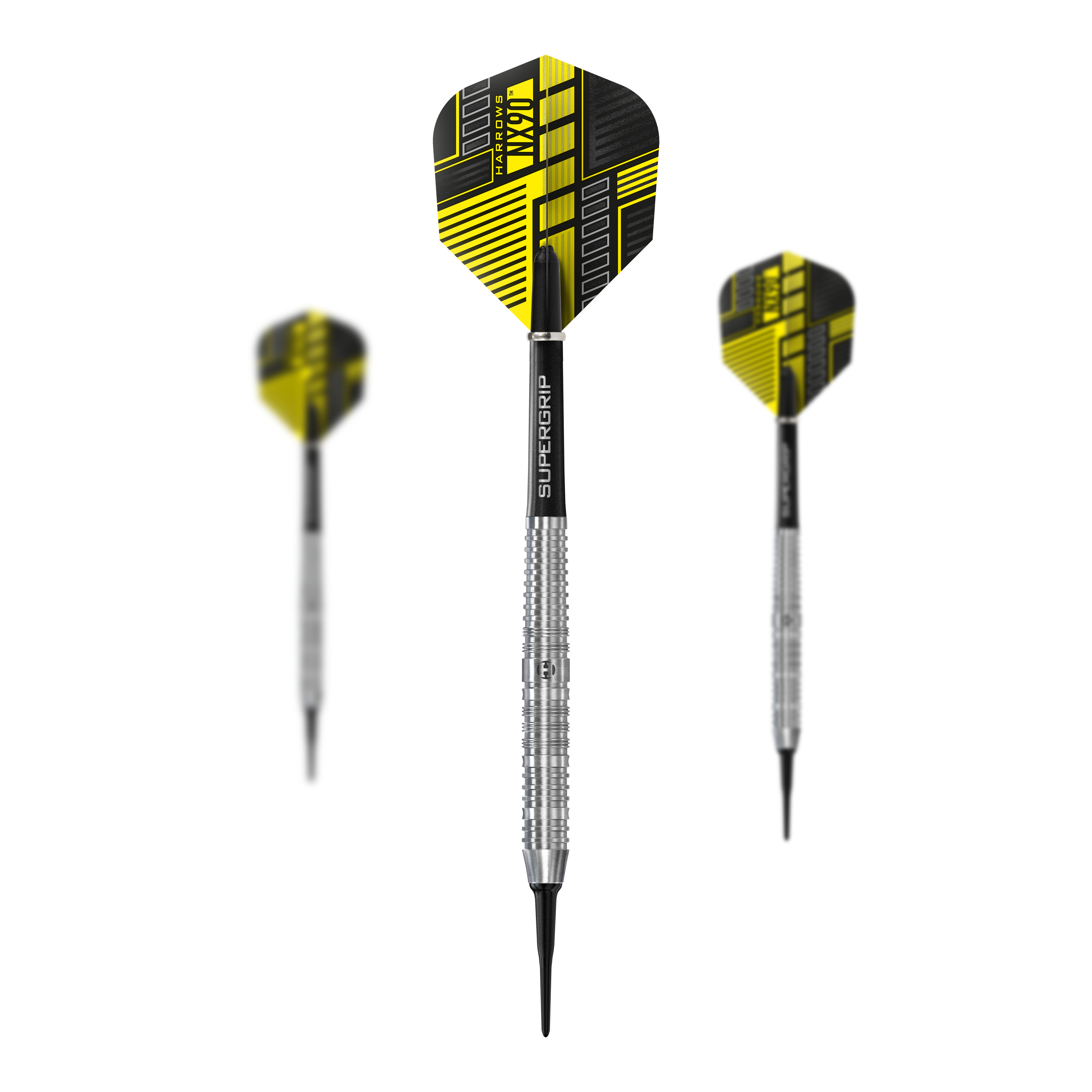 Dardos blandos paralelos Harrows NX90 Das Bild zeigt drei Softdarts des Produkts "Harrows NX90 Parallel". Die Darts haben gelb-schwarze Flights und silberne, geriffelte Barrels.