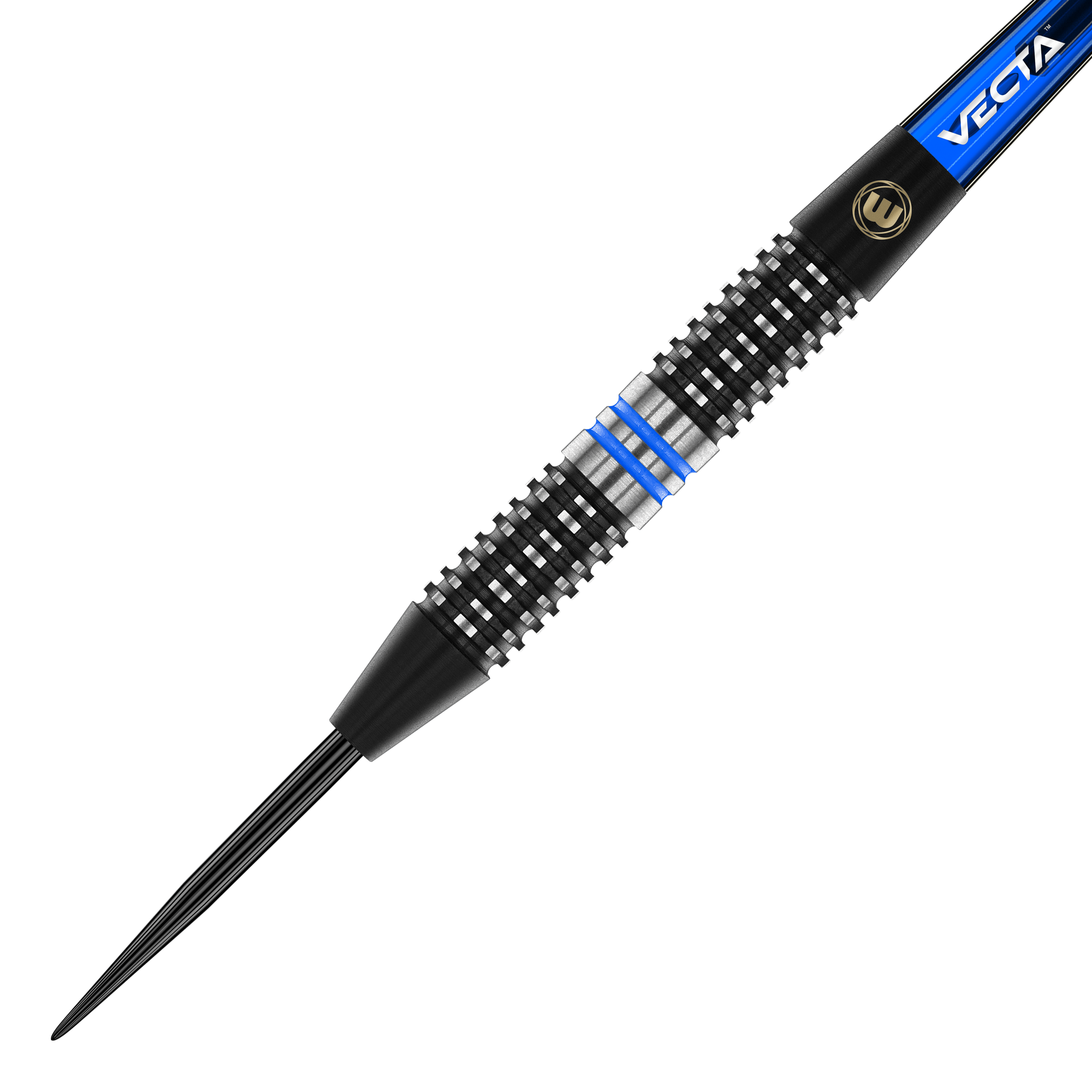 Dardos de acero Winmau Galactics Das Bild zeigt einen Winmau Galactics Steeldart. Der Dart hat ein schwarzes und silbernes Griffstück mit blauen Ringen.