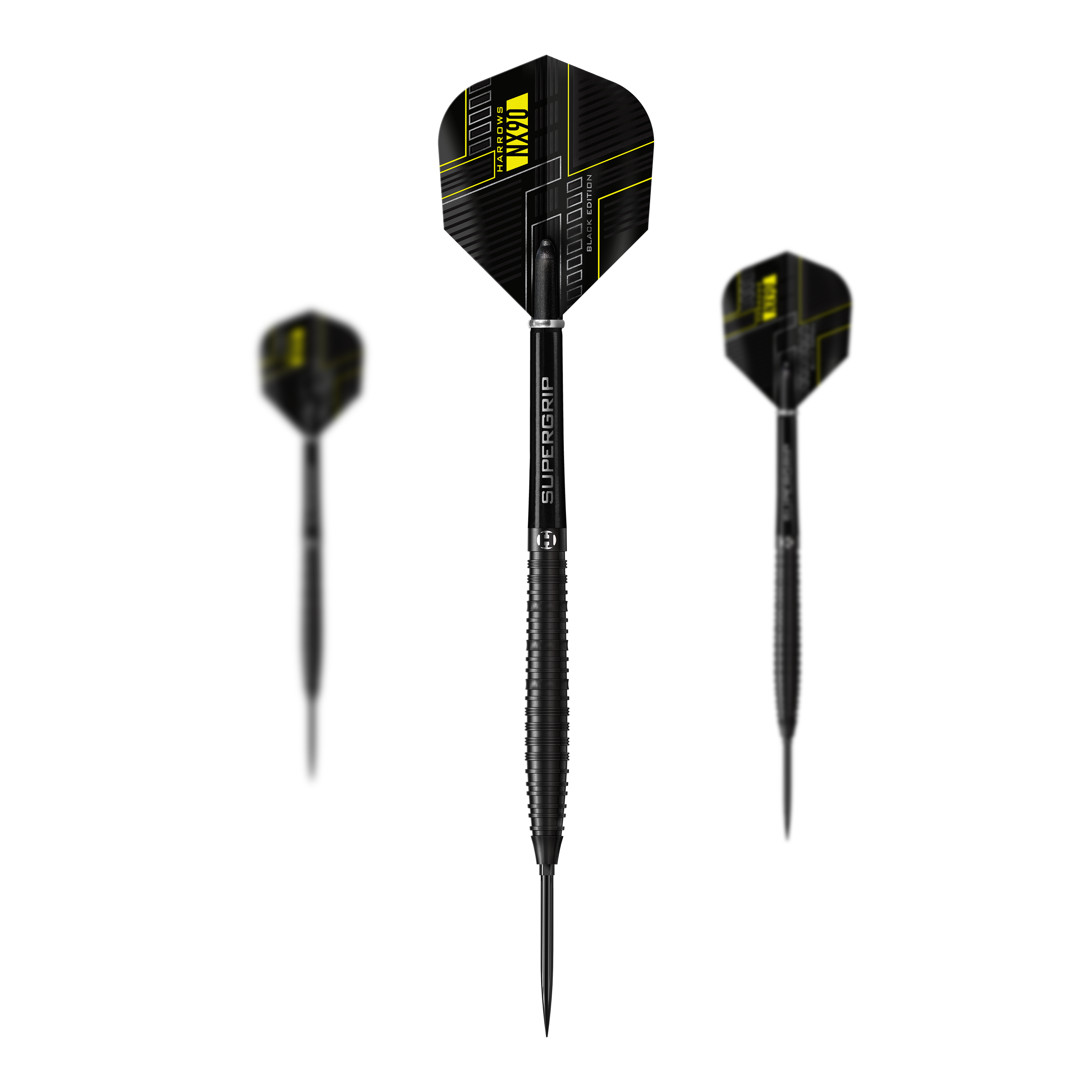 Dardos de acero de punta rápida cónica Harrows NX90 Black Edition Abgebildet sind die Harrows NX90 Black Edition Tapered Quick Point Steeldarts als Set. Das Bild zeigt die Zusammenstellung der Darts.