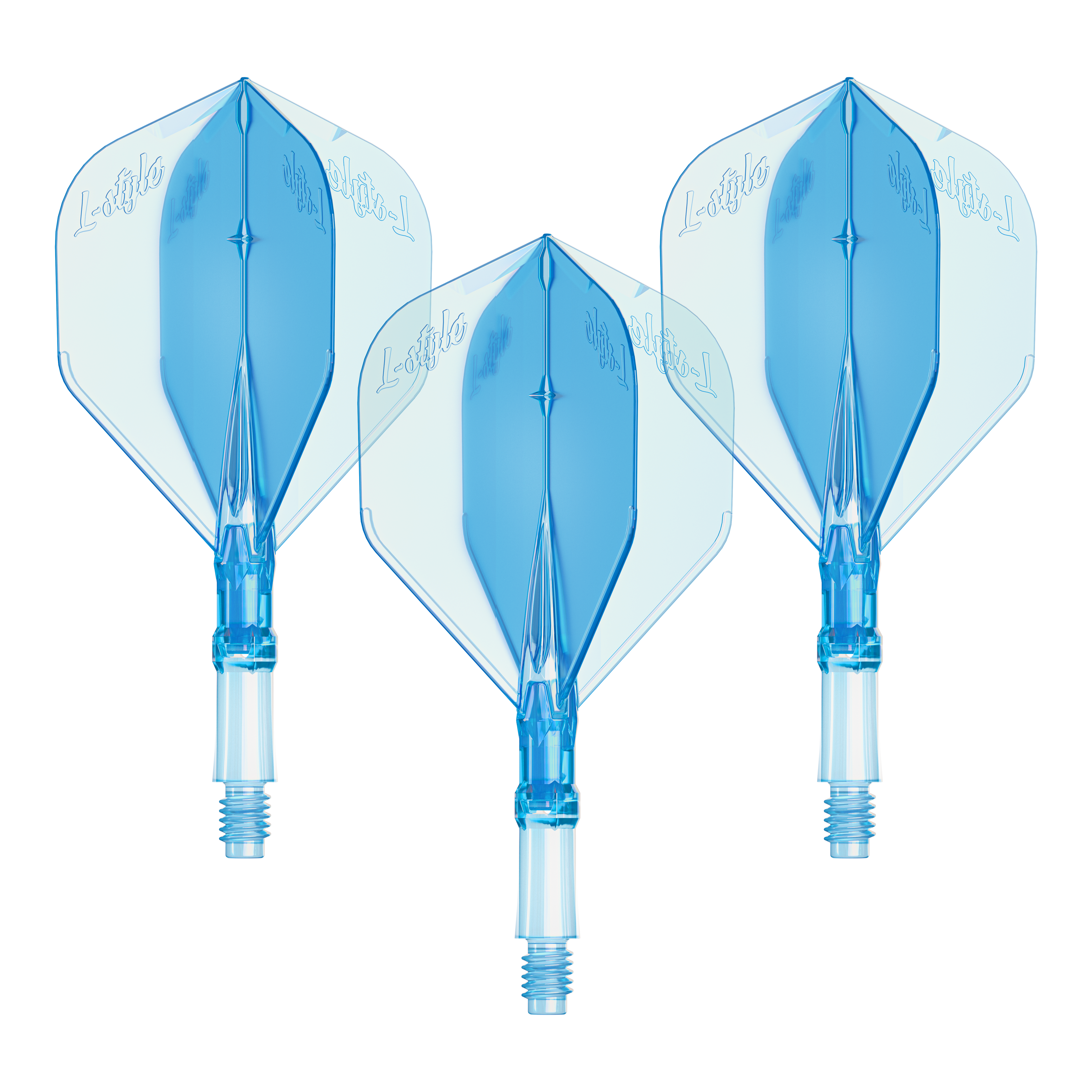 Dieses Bild zeigt ein Set von L-Style L-System Flights in klarer blauer Farbe, Größe Small. Es ist ein Zubehörteil für Dartpfeile.