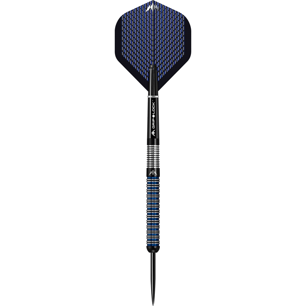 Dardos de acero Mission Nightfall Modelo 1 Das Bild zeigt einen Mission Nightfall Model 1 Steeldart. Der Dart hat ein modernes Design mit schwarzen und blauen Akzenten.