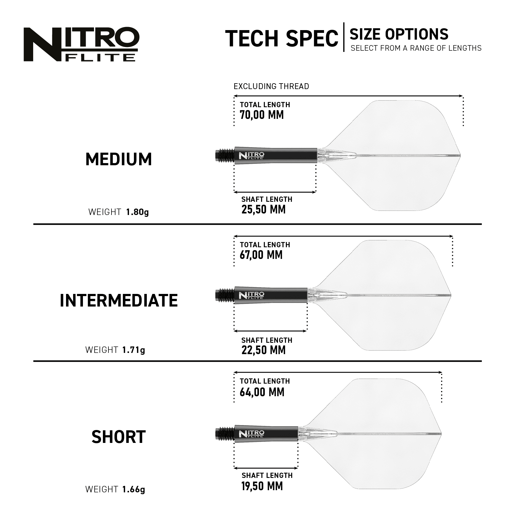 Red Dragon Nitroflite - Eje negro, plumas transparentes nº 2 Das Bild zeigt die technischen Spezifikationen und Größenoptionen des Produkts 'Red Dragon Nitroflite - Black Shaft Clear No2 Flights'. Es werden die Längen und Gewichte für die Größen Medium, Intermediate und Short anschaulich dargestellt.