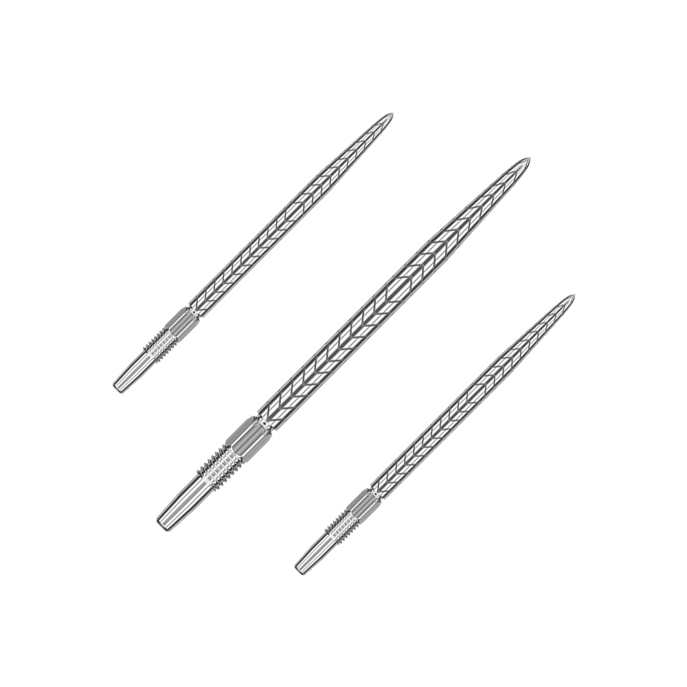 Auf dem Bild sind drei silberne Dartspitzen mit einem eingravierten Muster zu sehen. Sie sind länglich geformt und haben ein fein gearbeitetes Design.