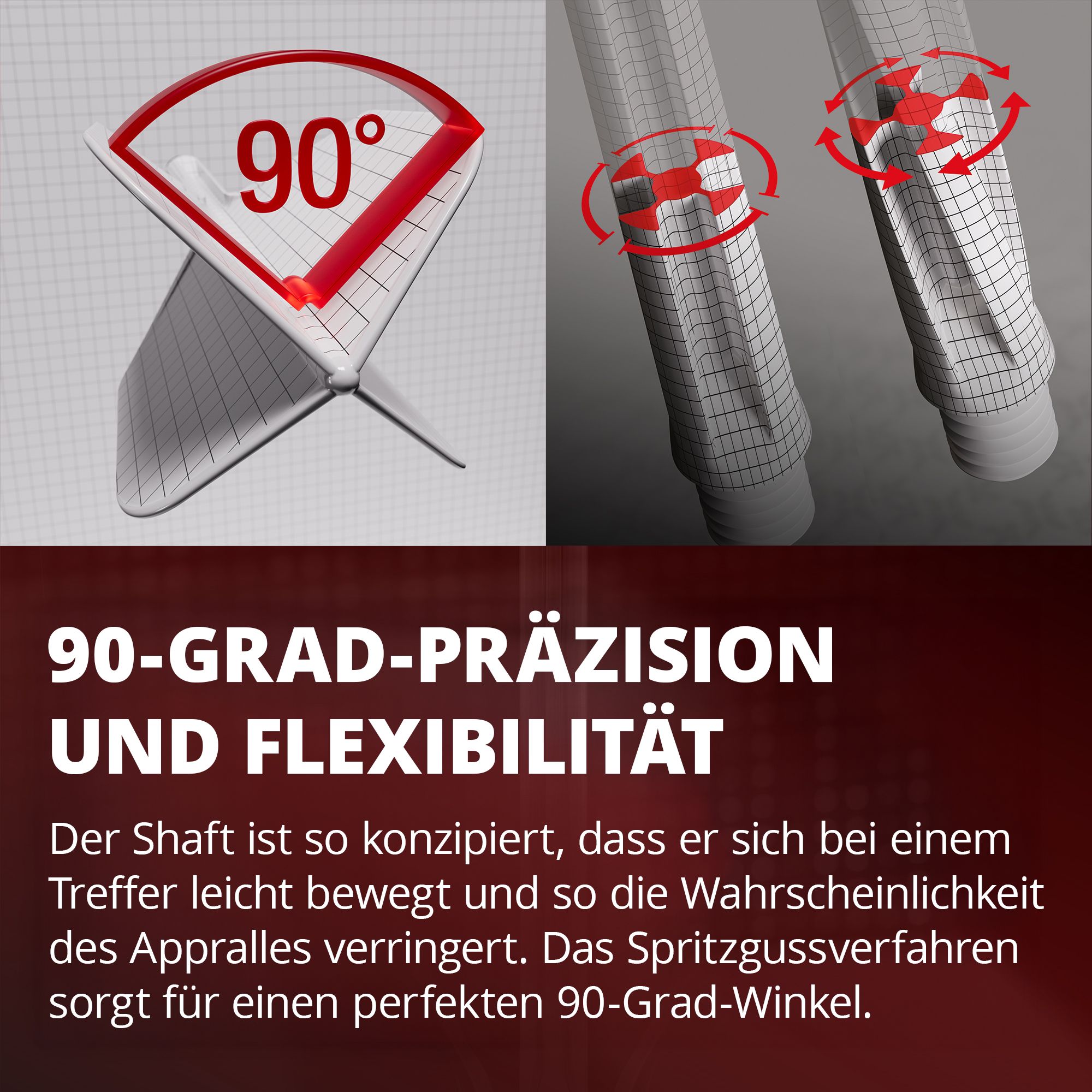 Target K-Flex Raymond Van Barneveld No2 Sistema de eje de vuelo estándar Das Bild zeigt eine Grafik mit einem 90-Grad-Winkel und einer flexiblen Bewegung von zwei Schäften. Darunter steht ein Text, der die Präzision und Flexibilität des Designs beschreibt.