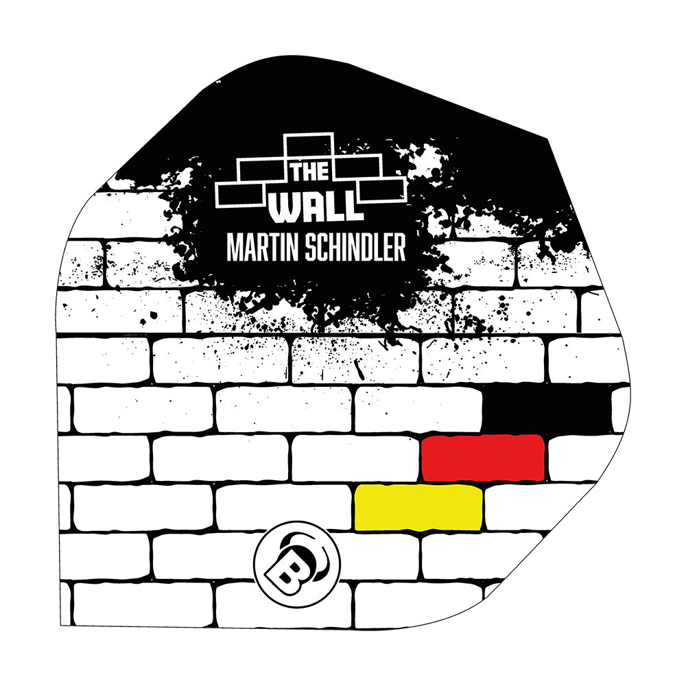 Bulls B-Star Martin Schindler Blanco No2 Vuelos Estándar Das Bild zeigt ein Dart Flight mit einem weißen Ziegelmuster und schwarzen, roten und gelben Farbfeldern. Oben steht der Schriftzug "THE WALL MARTIN SCHINDLER".