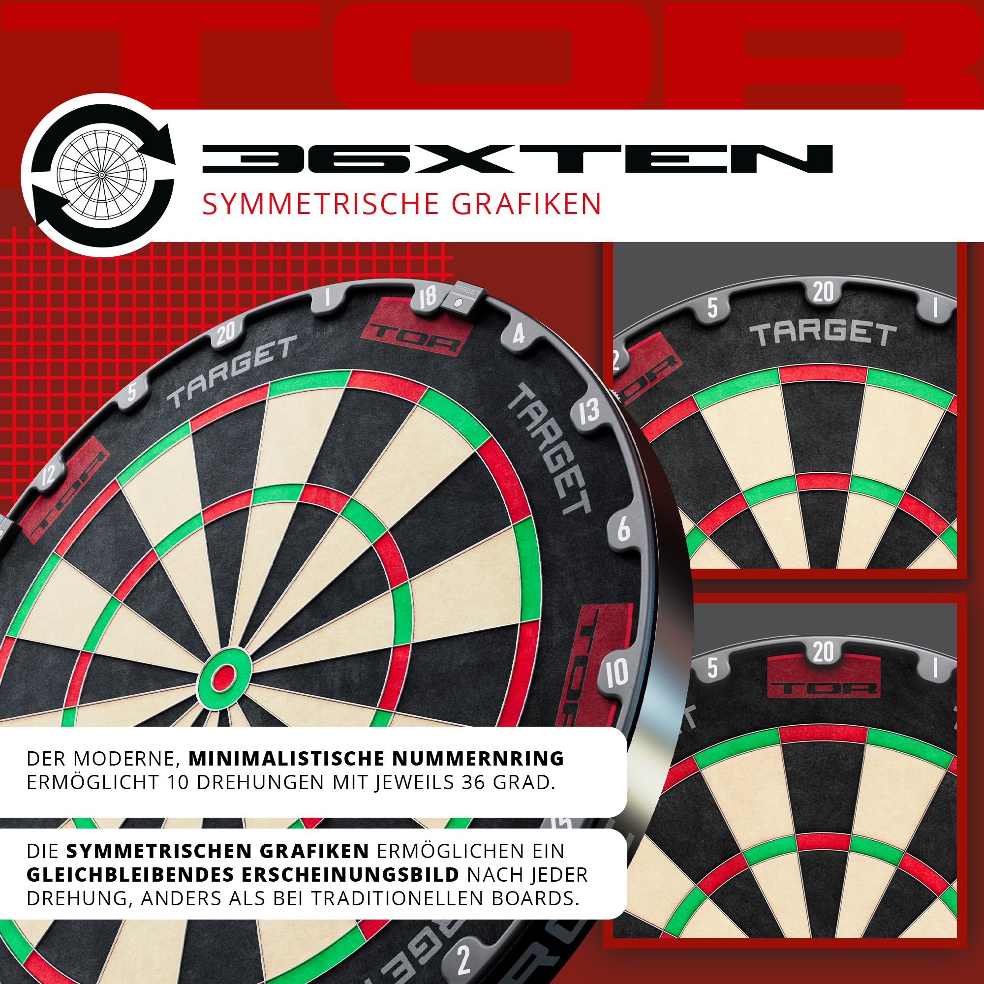 Diana de acero Target TOR Das Bild zeigt das Produkt "Target TOR Steeldartboard" mit modernem, minimalistischem Nummernring. Die symmetrischen Grafiken sorgen für ein gleichbleibendes Erscheinungsbild nach jeder Drehung.