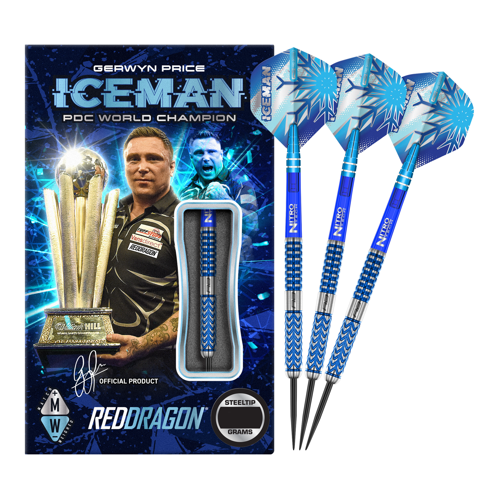 Dardos de acero Red Dragon Gerwyn Price Glacier Das Bild zeigt das Produkt "Red Dragon Gerwyn Price Glacier Steeldarts" in einer auffälligen blauen Verpackung mit einem Bild von Gerwyn Price und einer Trophäe. Rechts daneben sind drei blaue Steeldarts mit dem Namen "ICEMAN" auf den Flights zu sehen.