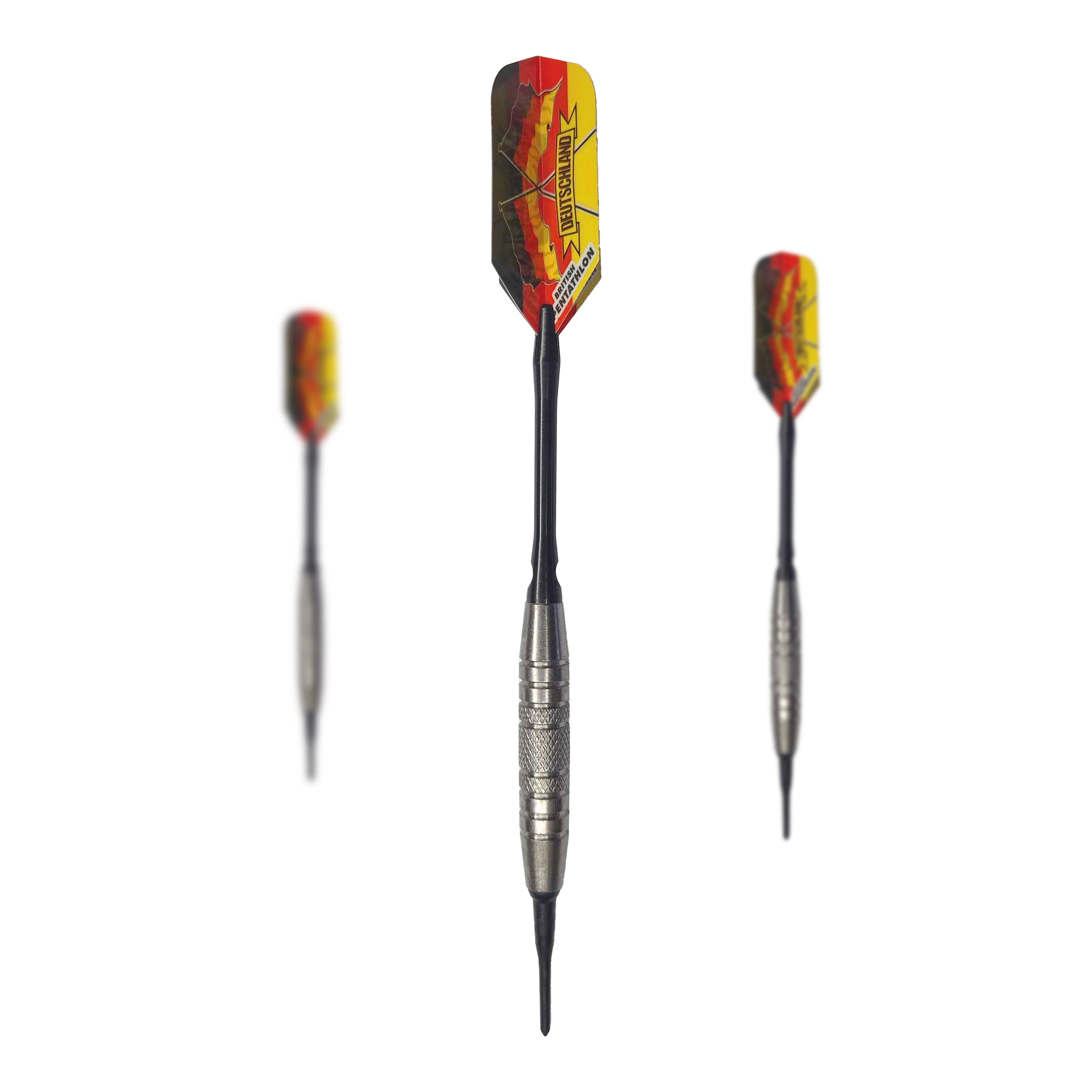 Dardos blandos McDart 85 Tungsten V6 - 16 g Das Bild zeigt drei Softdarts des Modells "McDart 85er Tungsten V6" mit einem Gewicht von 16g. Die Darts haben silberne Barrels und bunte Flights in Rot-Gelb-Schwarz.