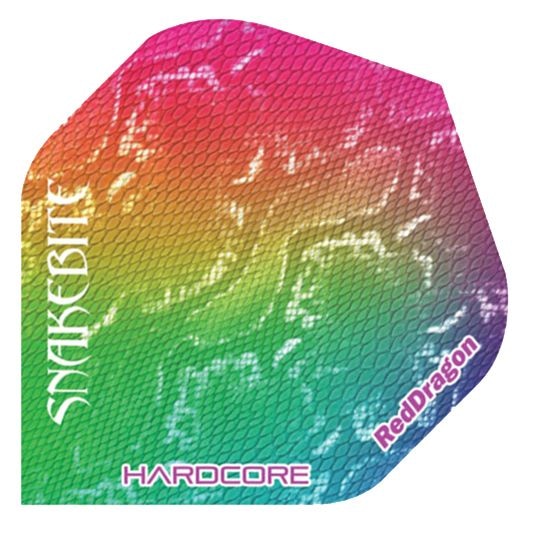 PPF47 Das Bild zeigt das Produkt "Peter Wright Snakebite Hardcore Snakeskin Flights". Das Flight hat ein schlangenähnliches Muster mit einem bunten Farbverlauf in Rot, Gelb, Grün und Blau.